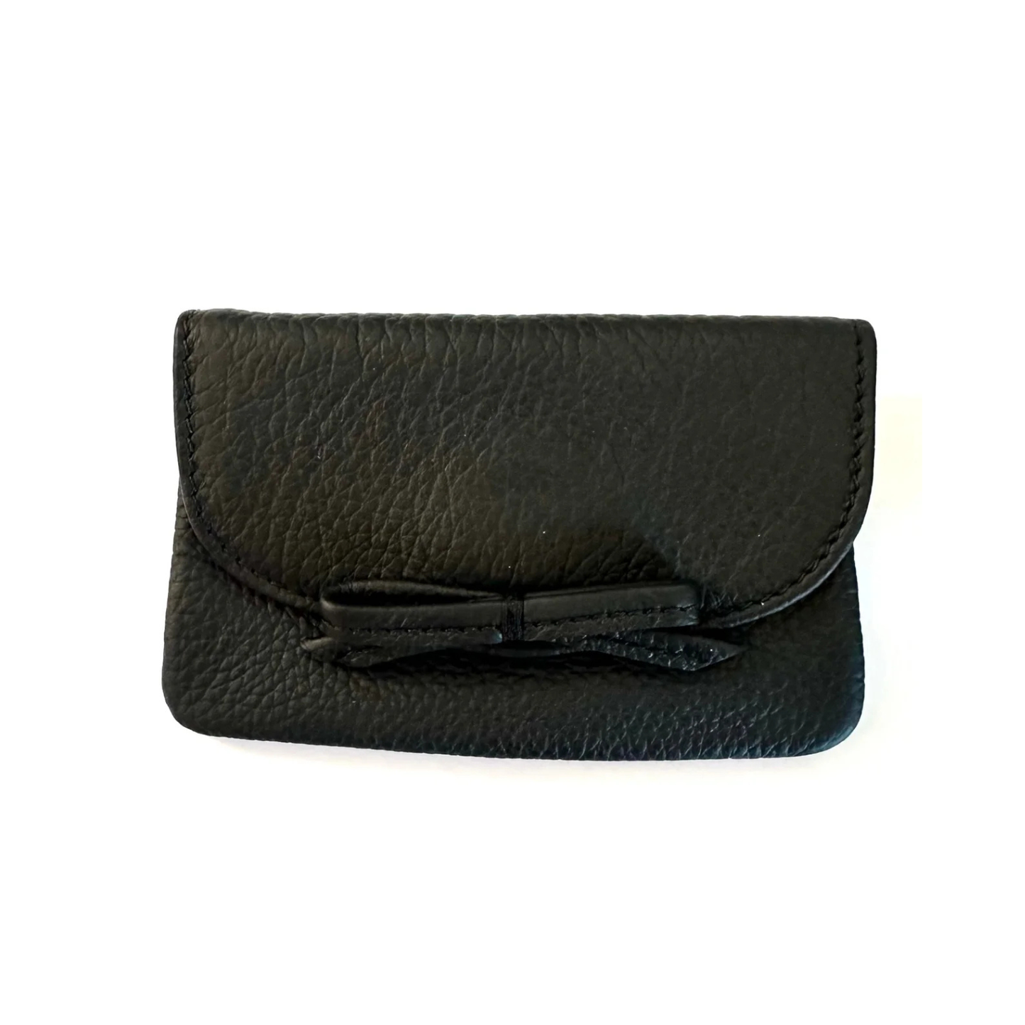Black pebble leather bow card case with front flap