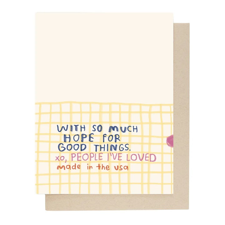 Cup of cheer New Year greeting card with quote 'WITH SO MUCH HOPE...' on yellow grid