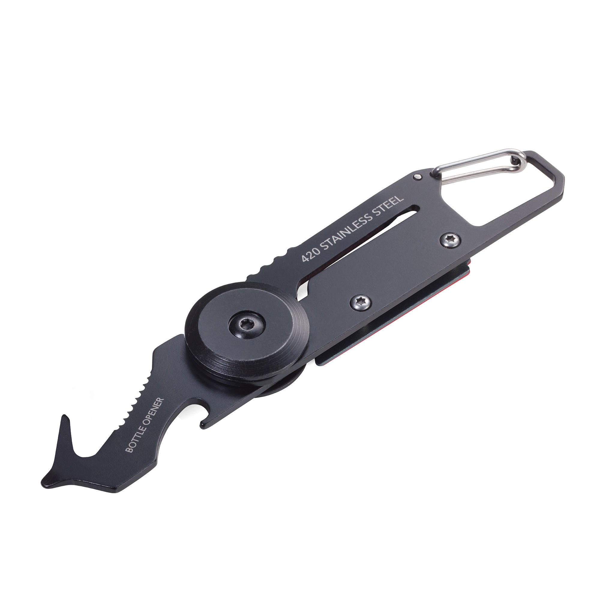 Black pocket multi-tool with carabiner key ring and 420 stainless steel blade