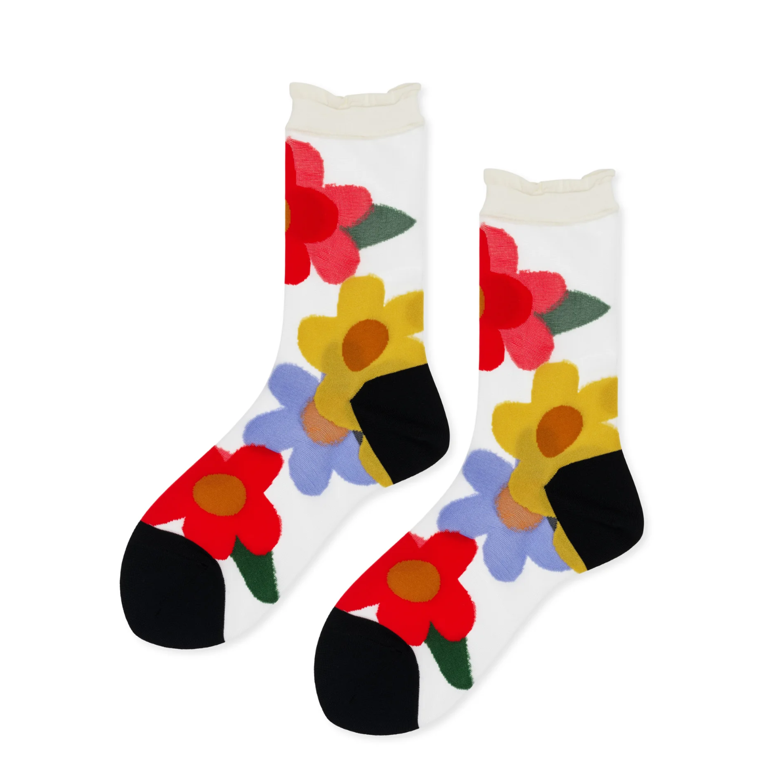 Sheer crew socks with red, blue, yellow floral print and dark toe panels