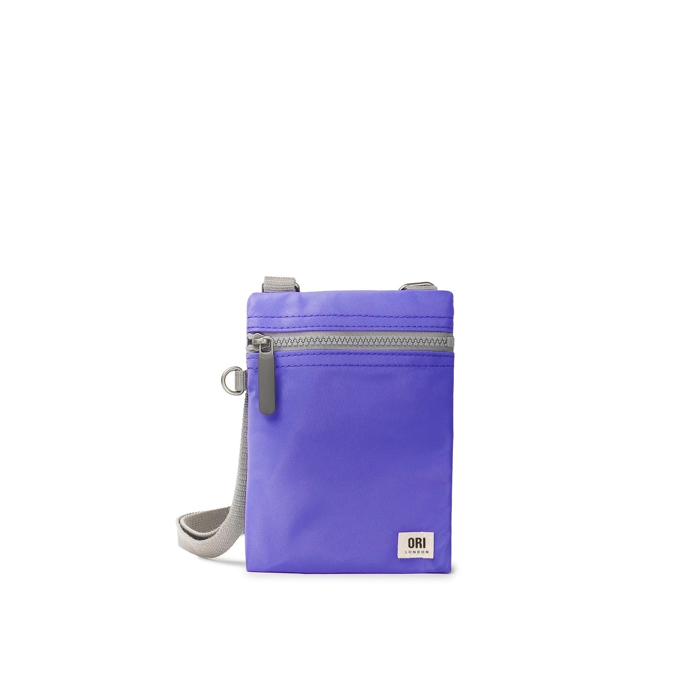 Purple recycled nylon pocket crossbody bag with top zipper and gray adjustable strap