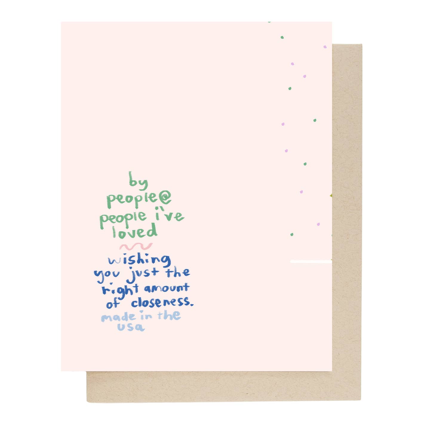 Holiday greeting card with handwritten-style message: “by people…wishing you just the right amount”