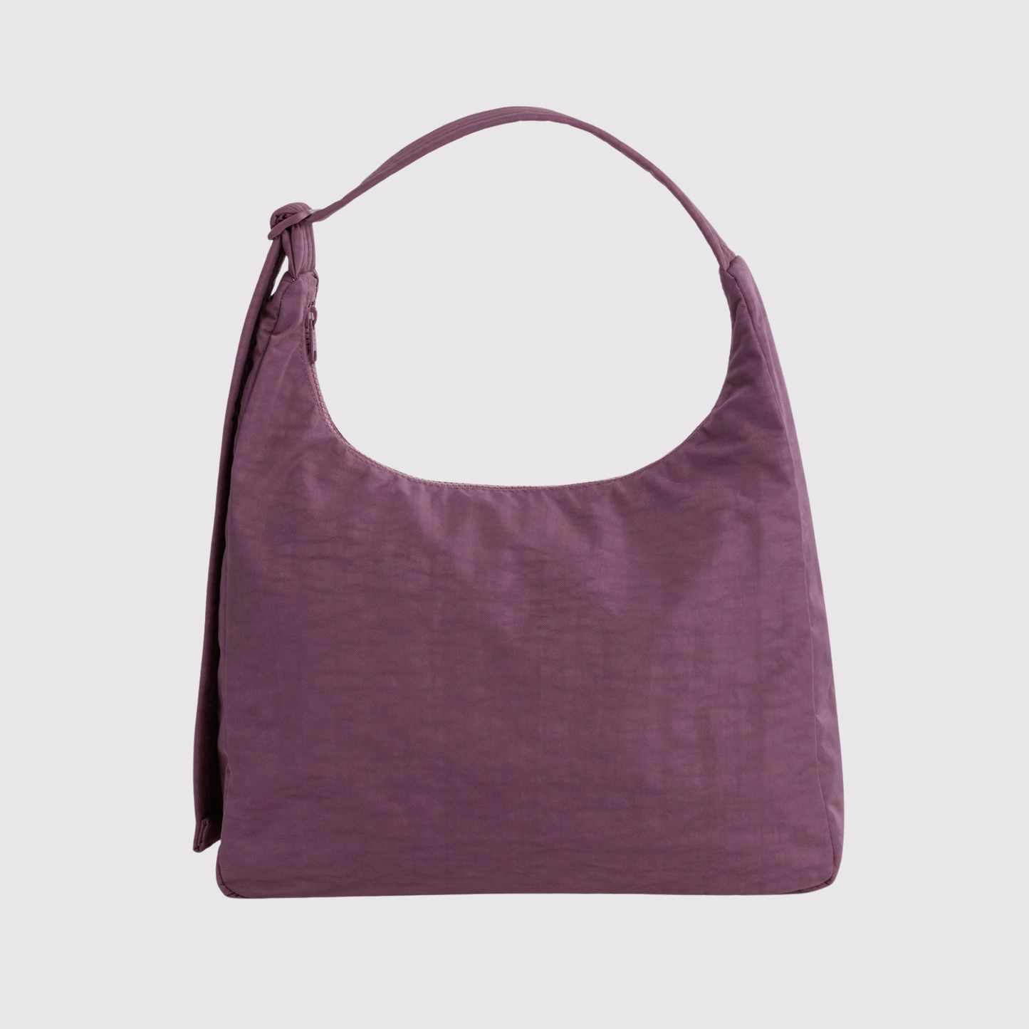 Plum purple nylon shoulder bag with zip-top opening and short handles.
