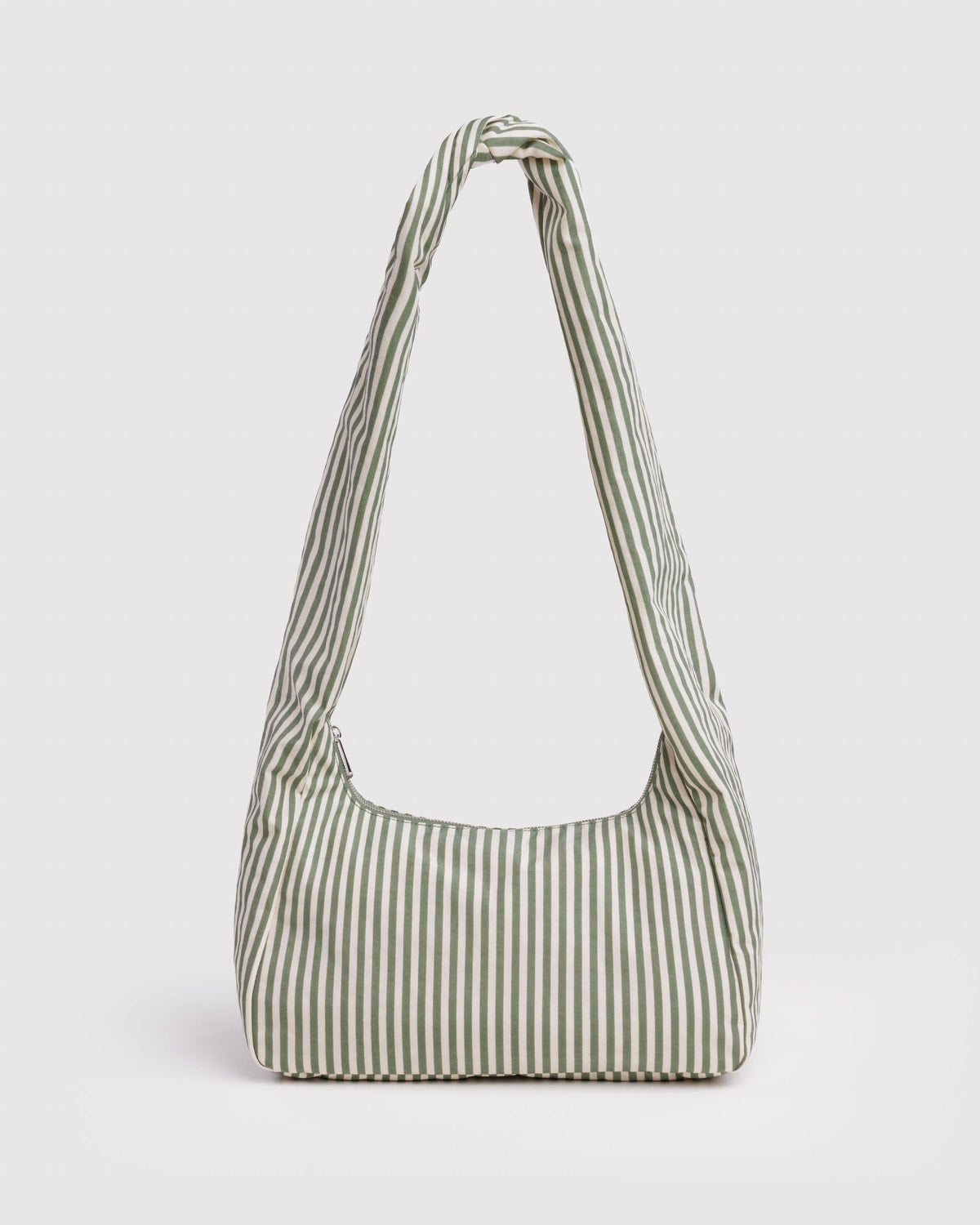 Nylon shoulder bag with sage stripe pattern, rounded triangular shape and single strap.
