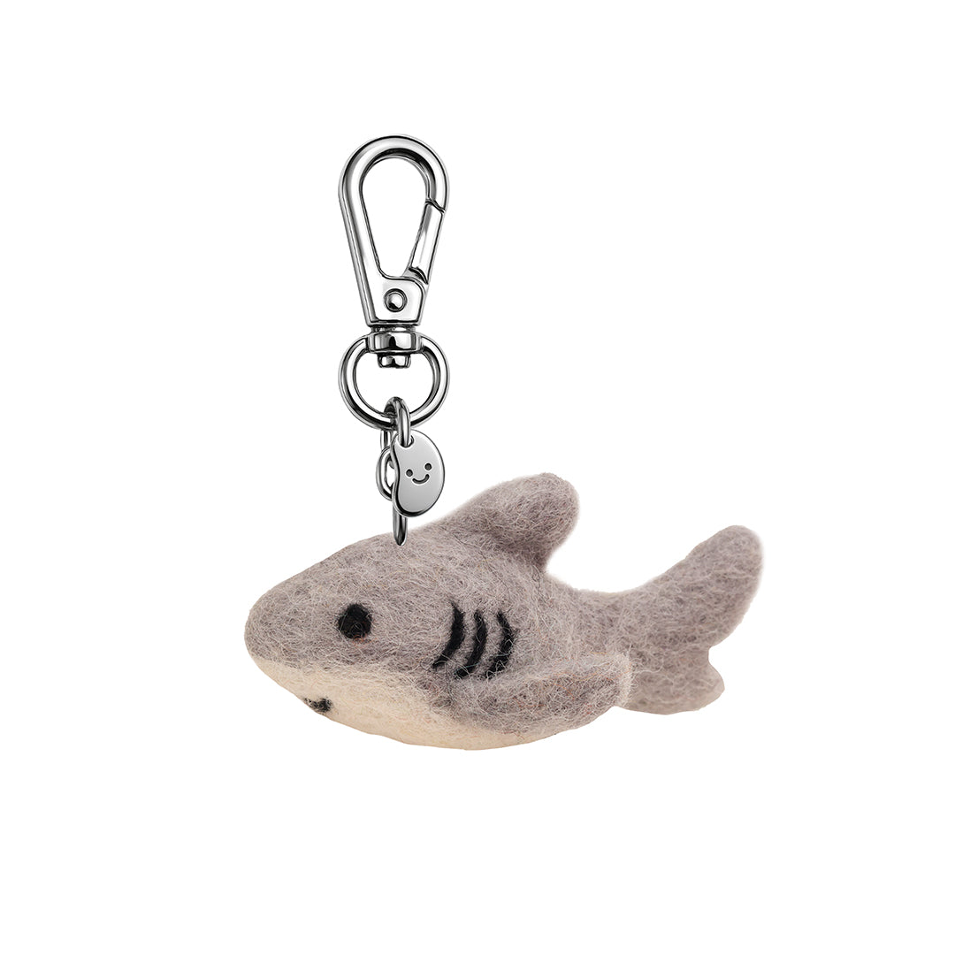 Gray felt shark keychain with metal swivel clasp and stitched face