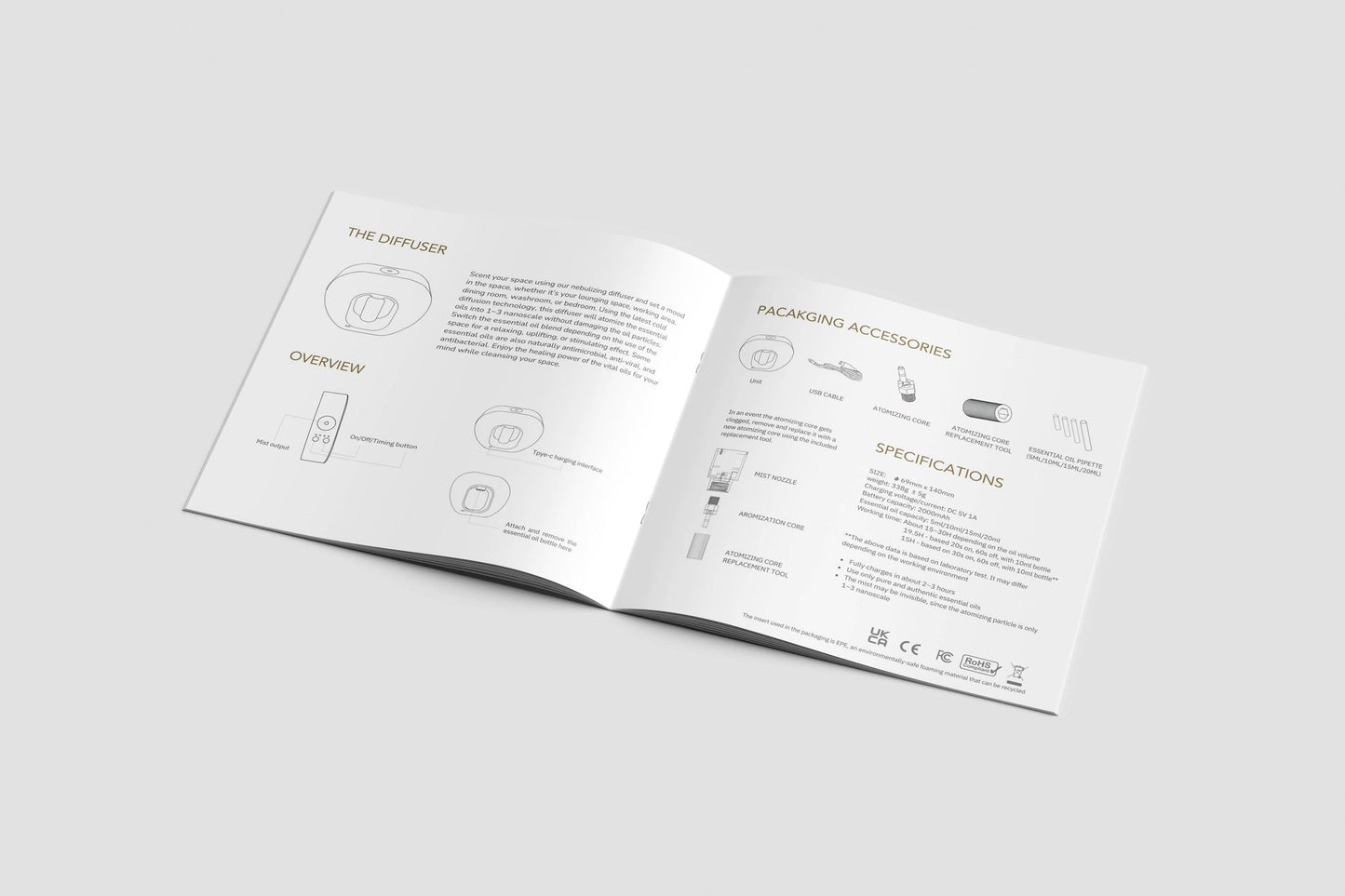 Nebulizing diffuser set instruction booklet with diagrams and specifications pages