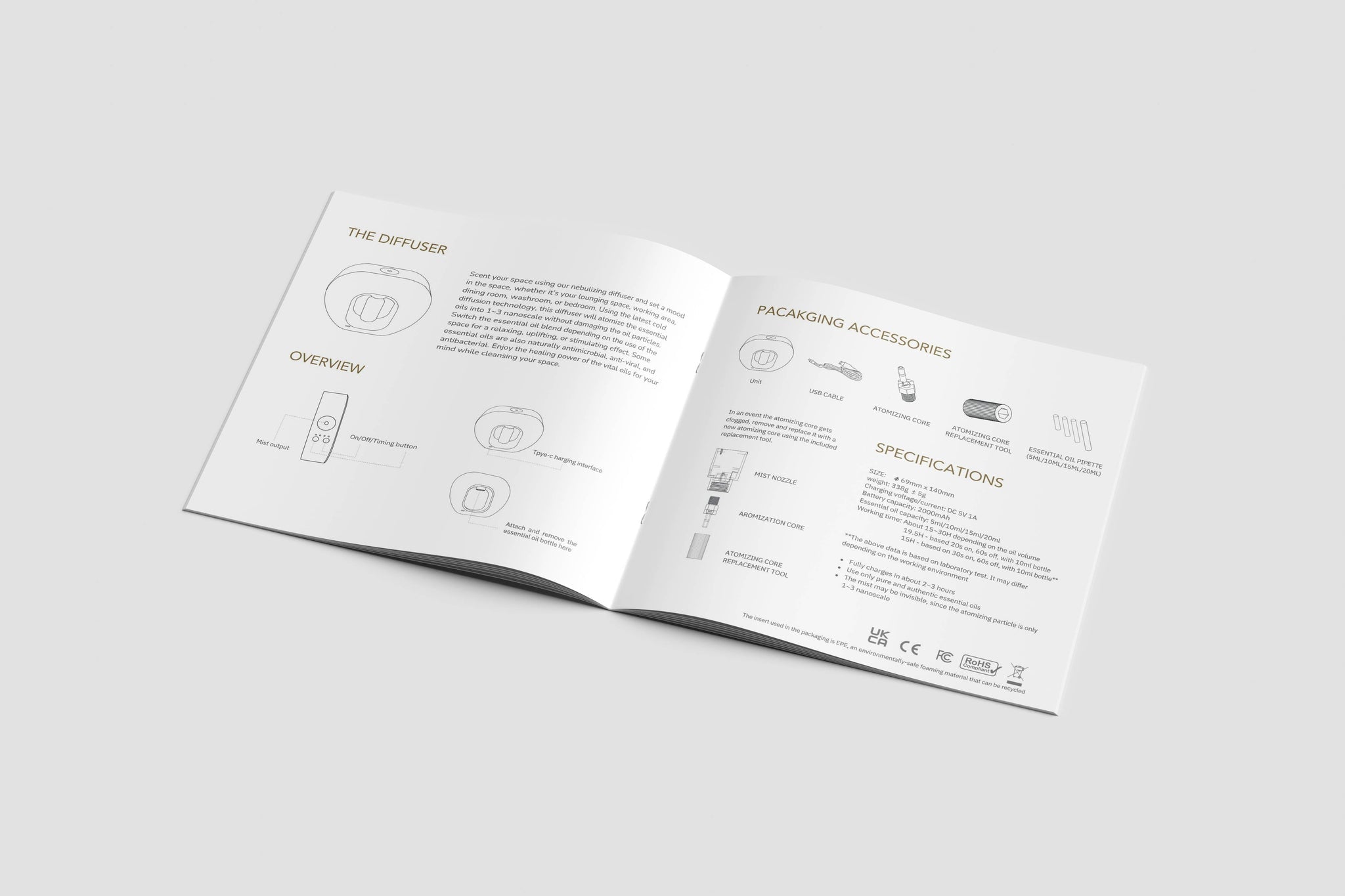 Nebulizing diffuser set instruction booklet with diagrams and specifications pages
