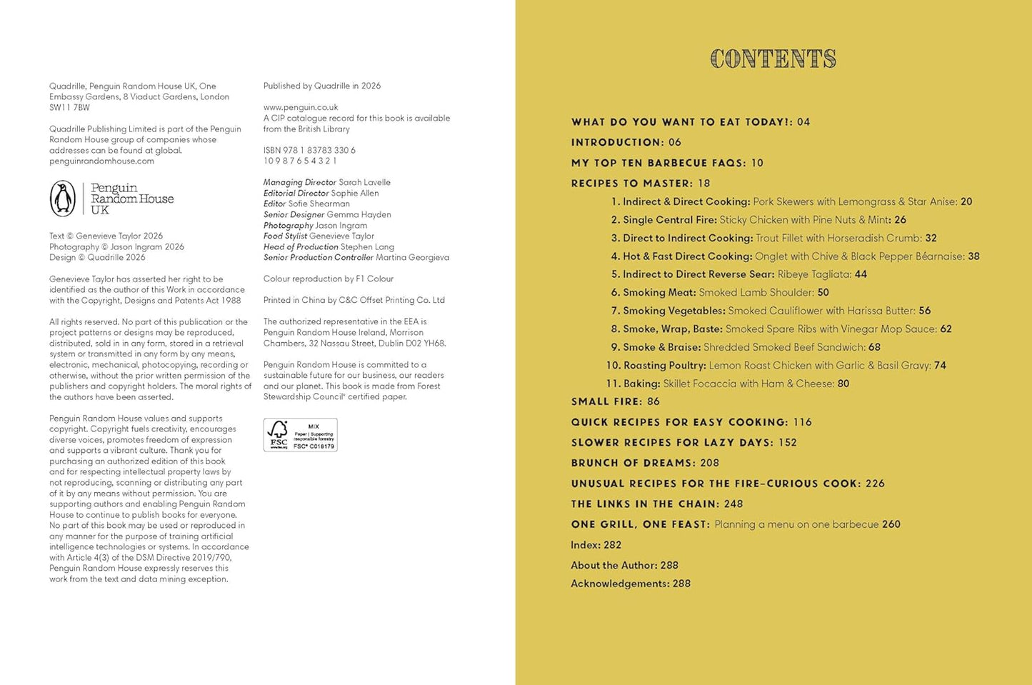 BBQ cookbook contents page with numbered sections and headings on light background