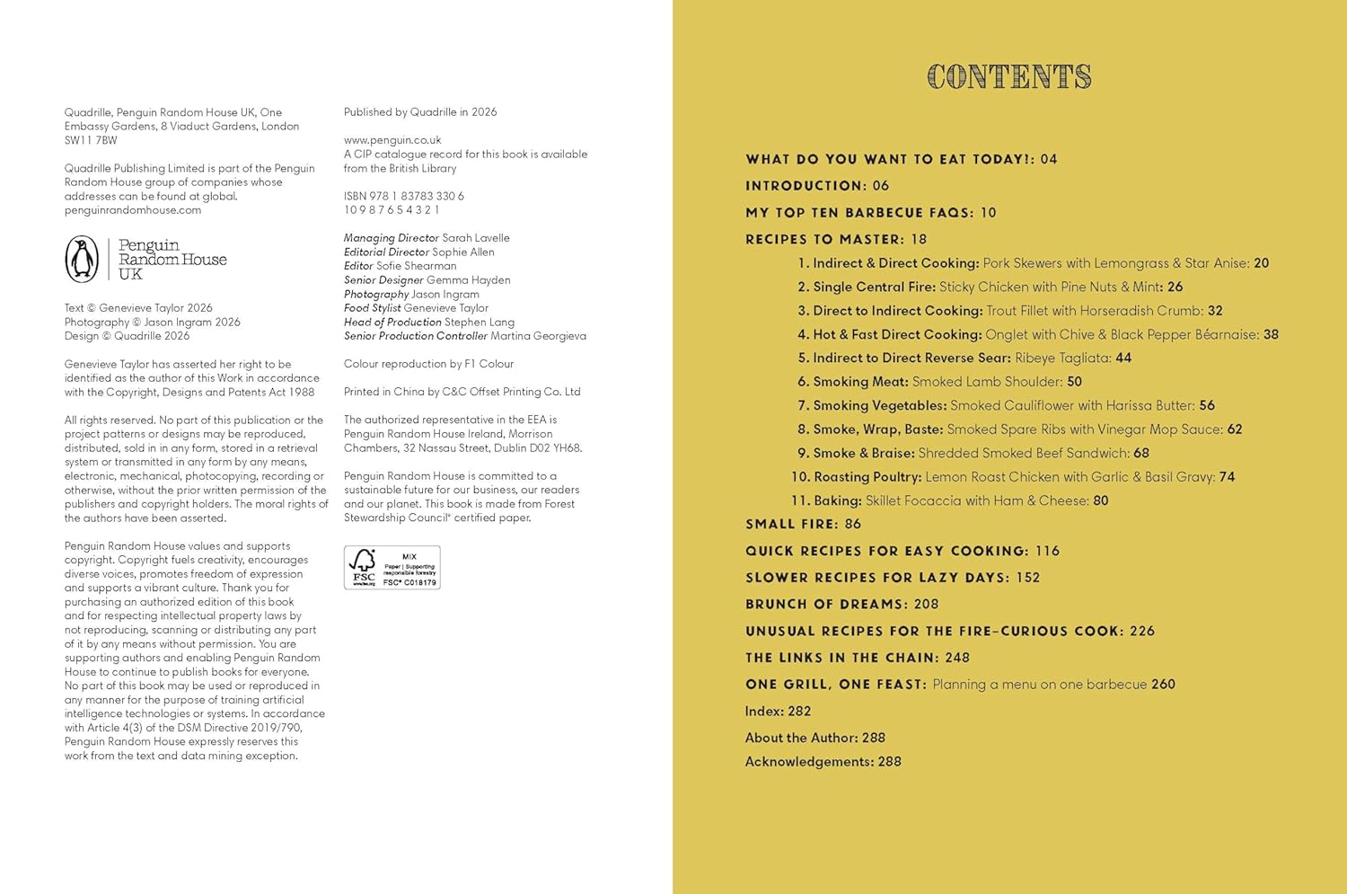 BBQ cookbook contents page with numbered sections and headings on light background