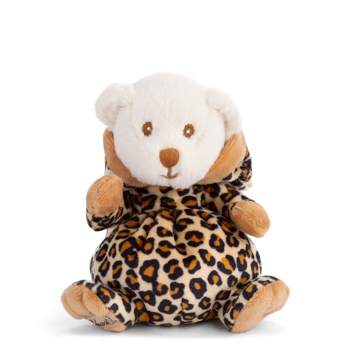 Leopard-print plush toy with white teddy face and hooded bear ears, seated