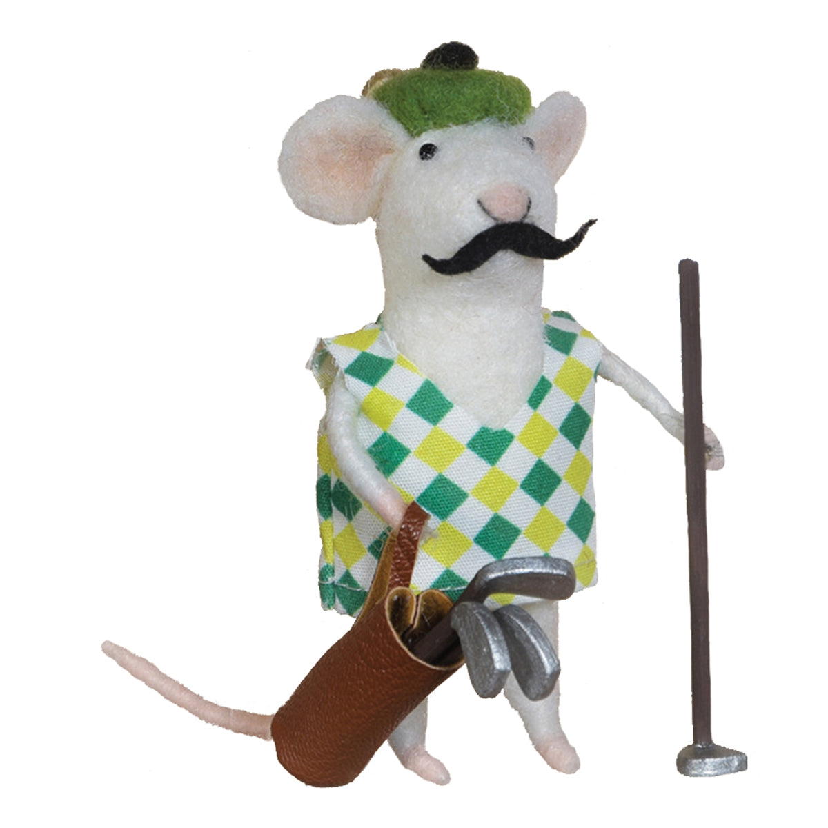 Felt mouse golfer ornament with green cap, argyle shirt, brown club, black mustache