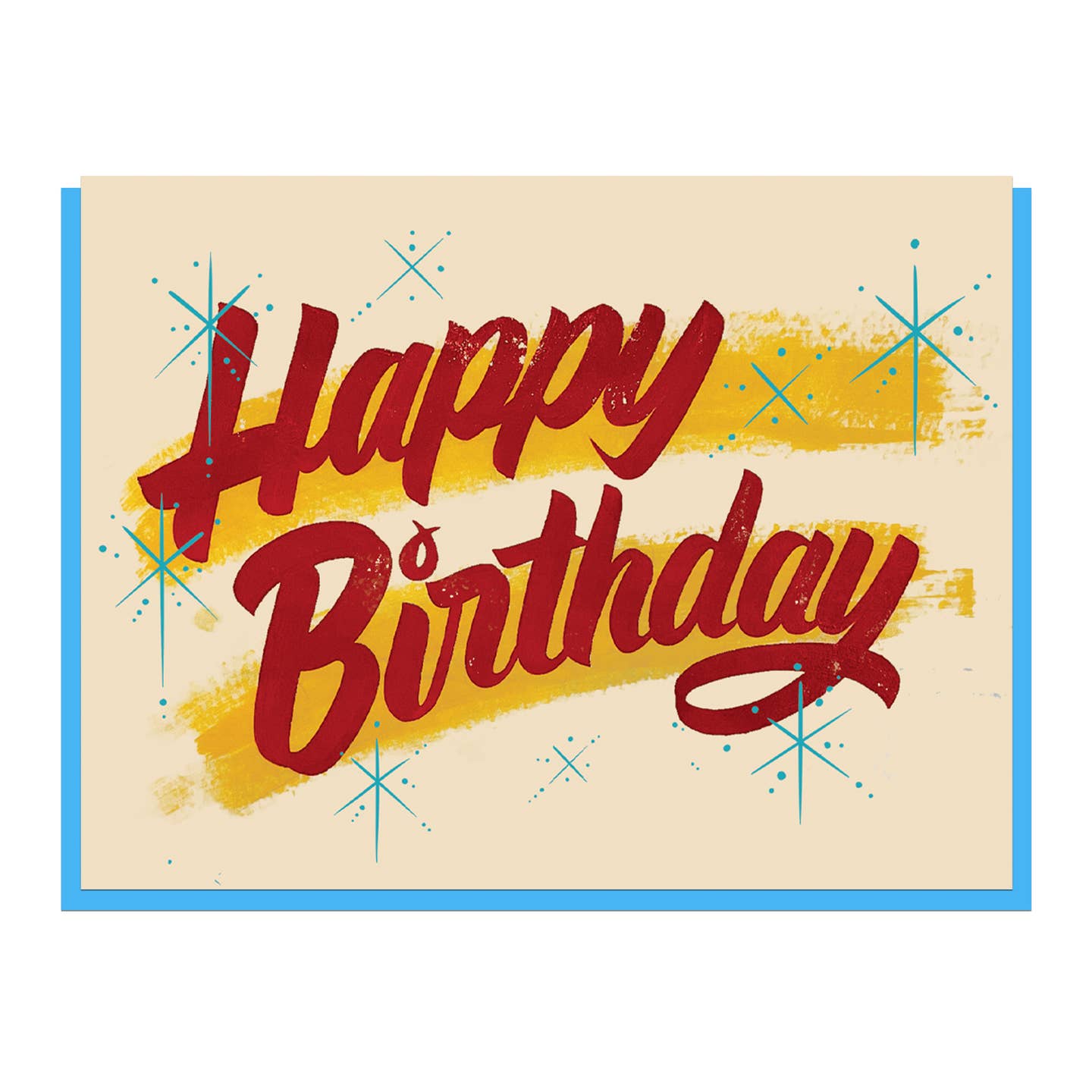 Happy Birthday greeting card with colorful lettering and starburst confetti accents
