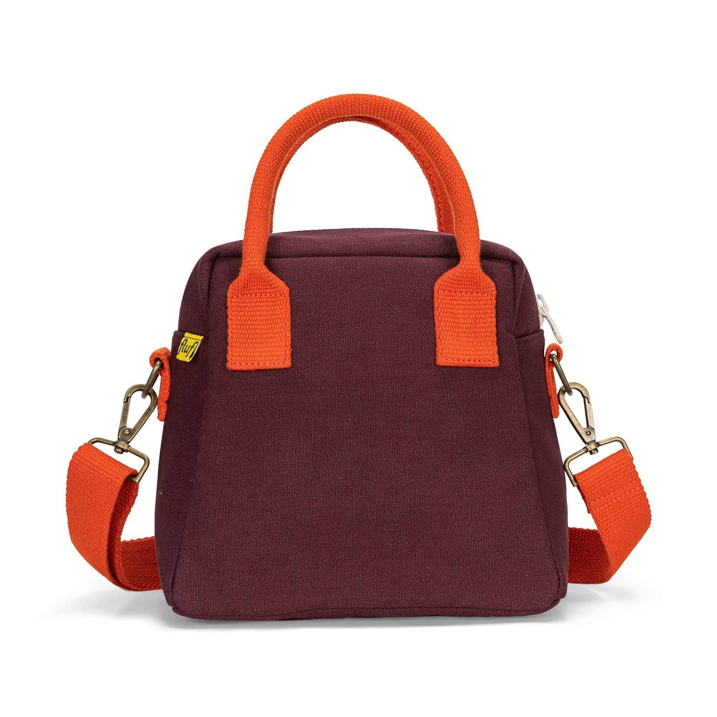 Lunch clutch bag in fig purple with orange handles and side strap