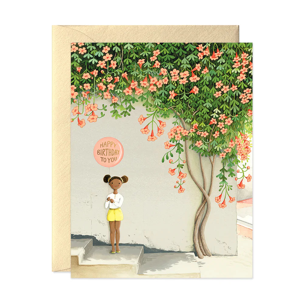 Birthday card: girl under flowering tree, 'Happy Birthday to You'