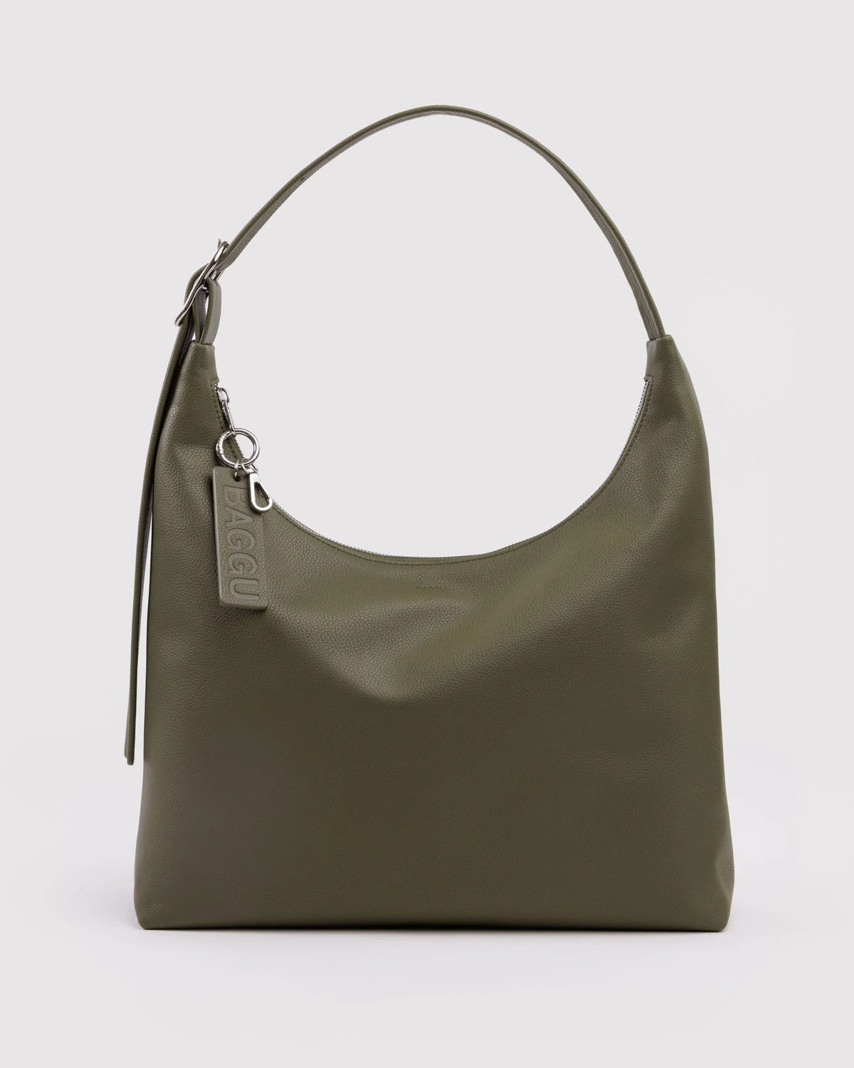 Olive green recycled leather shoulder bag with top handle and hanging charm, front view