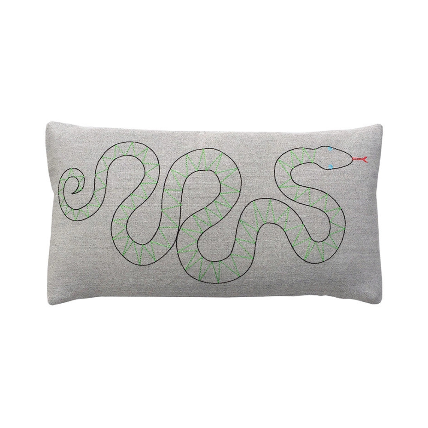 Gray snake embroidery decorative pillow with green and small blue/red accents