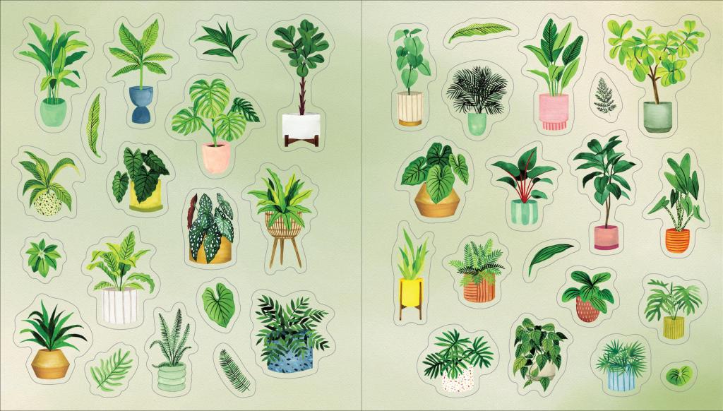 Plant sticker sheet spread with potted and leafy plant stickers in neat rows