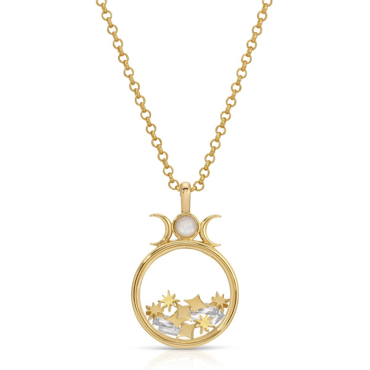 Gold floating shaker locket necklace with round mother-of-pearl charm and star cutouts