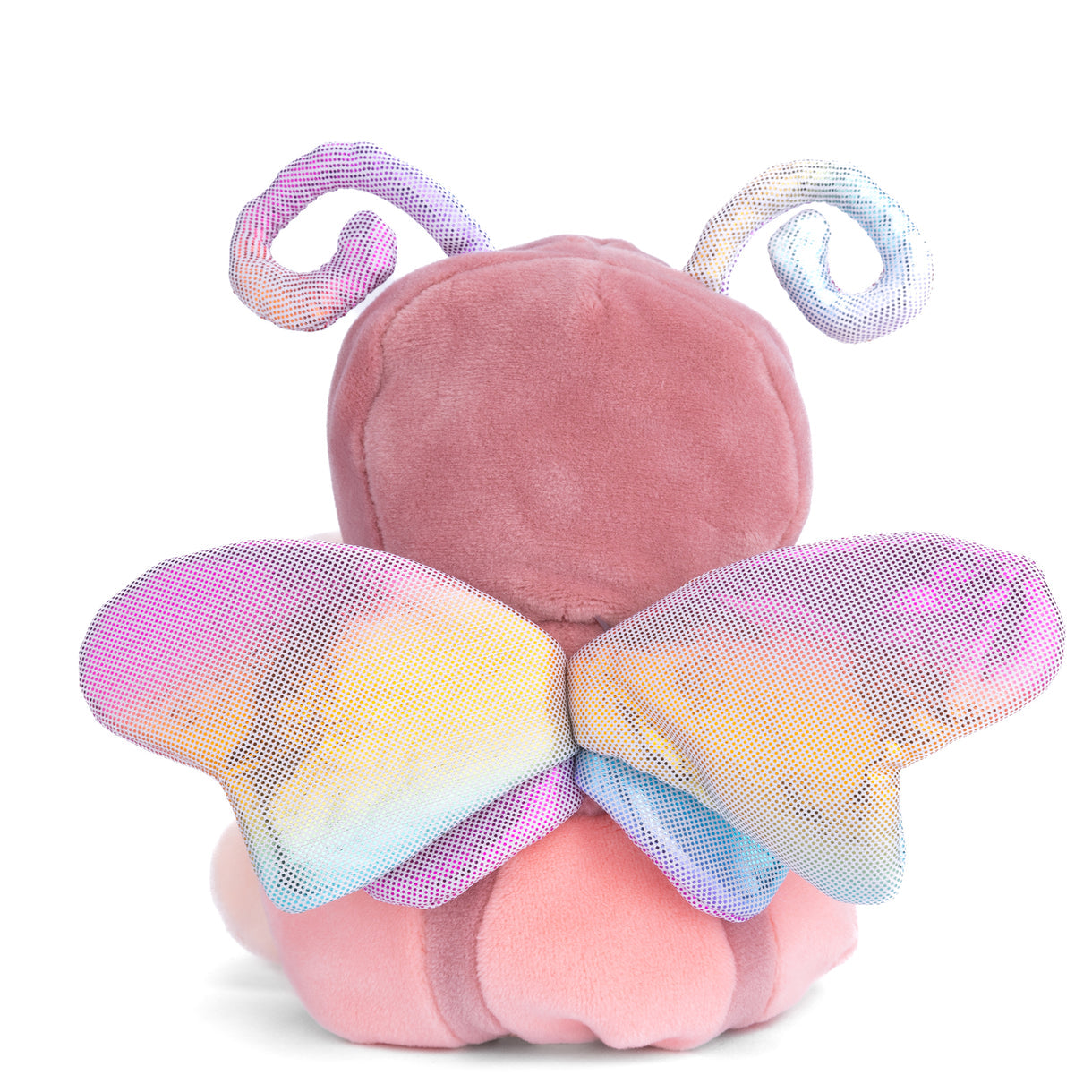 Plush teddy bear with butterfly-style wings in pink, blue, yellow, and purple
