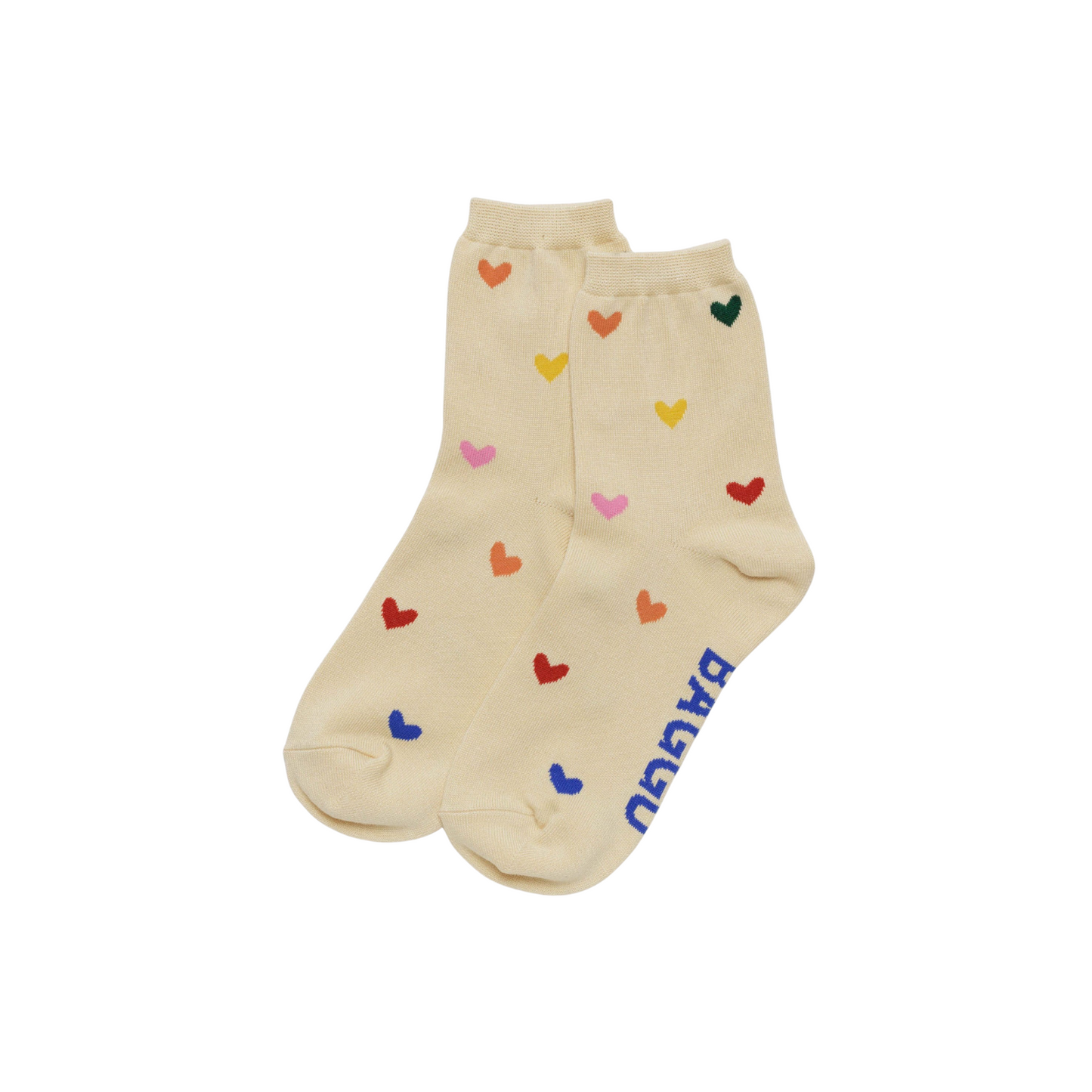 Crew socks in light beige with multicolor heart pattern, two-pack