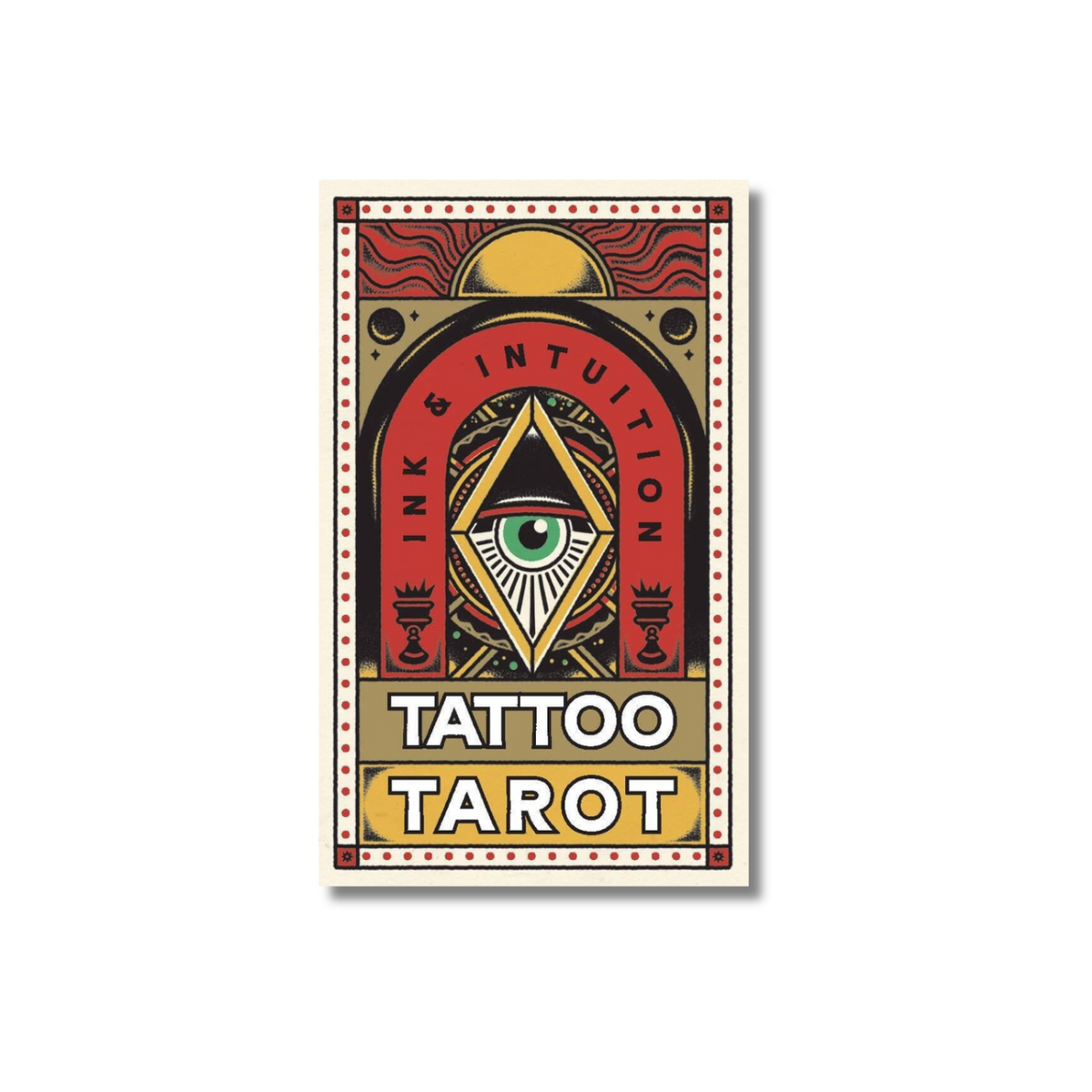 Tattoo tarot mini deck card box with green eye emblem and red patterned border