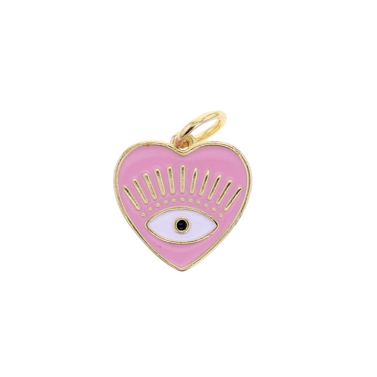 Pink heart evil eye charm with gold outline and hanging loop, enamel eye with lashes