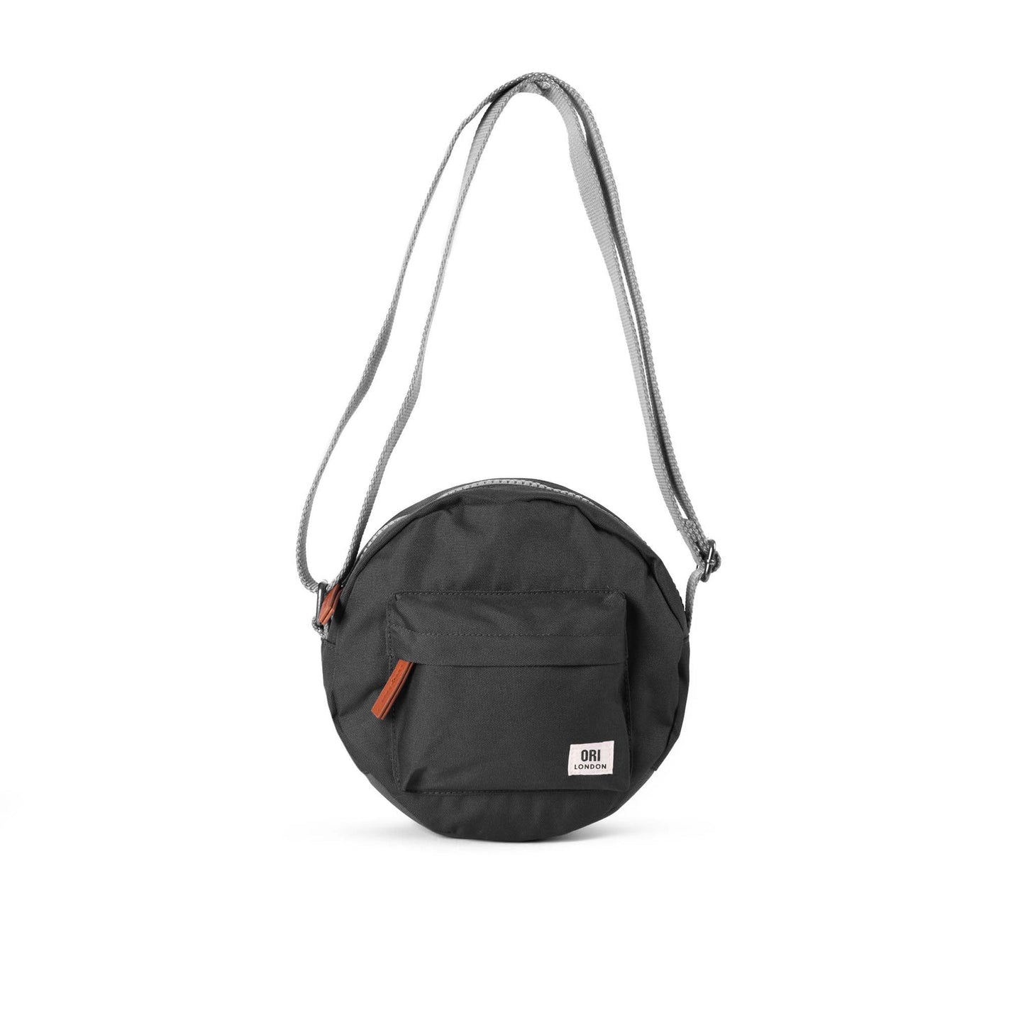 Recycled canvas crossbody bag, round black with orange zipper tag and gray strap
