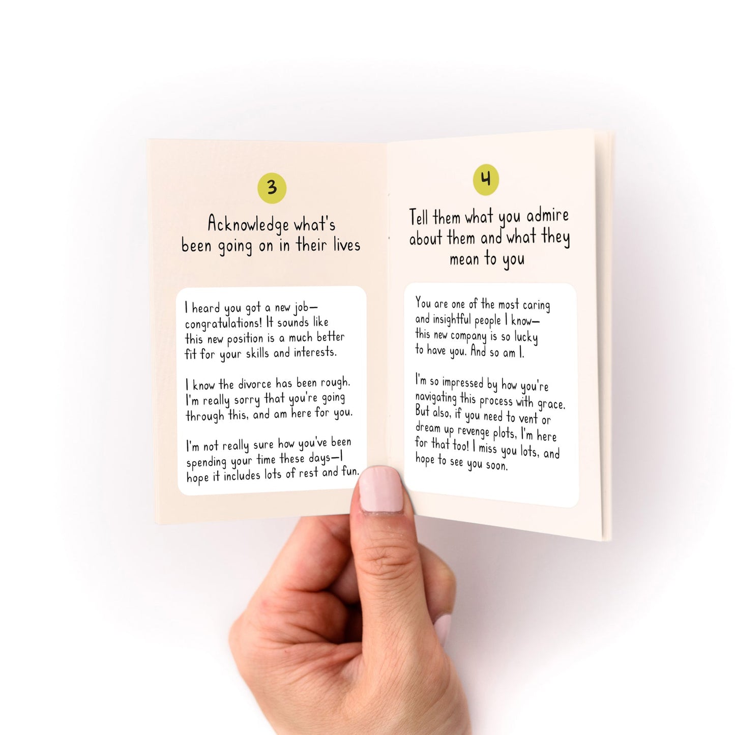 Open card-writing zine pages showing sections 3 and 4 with printed prompts
