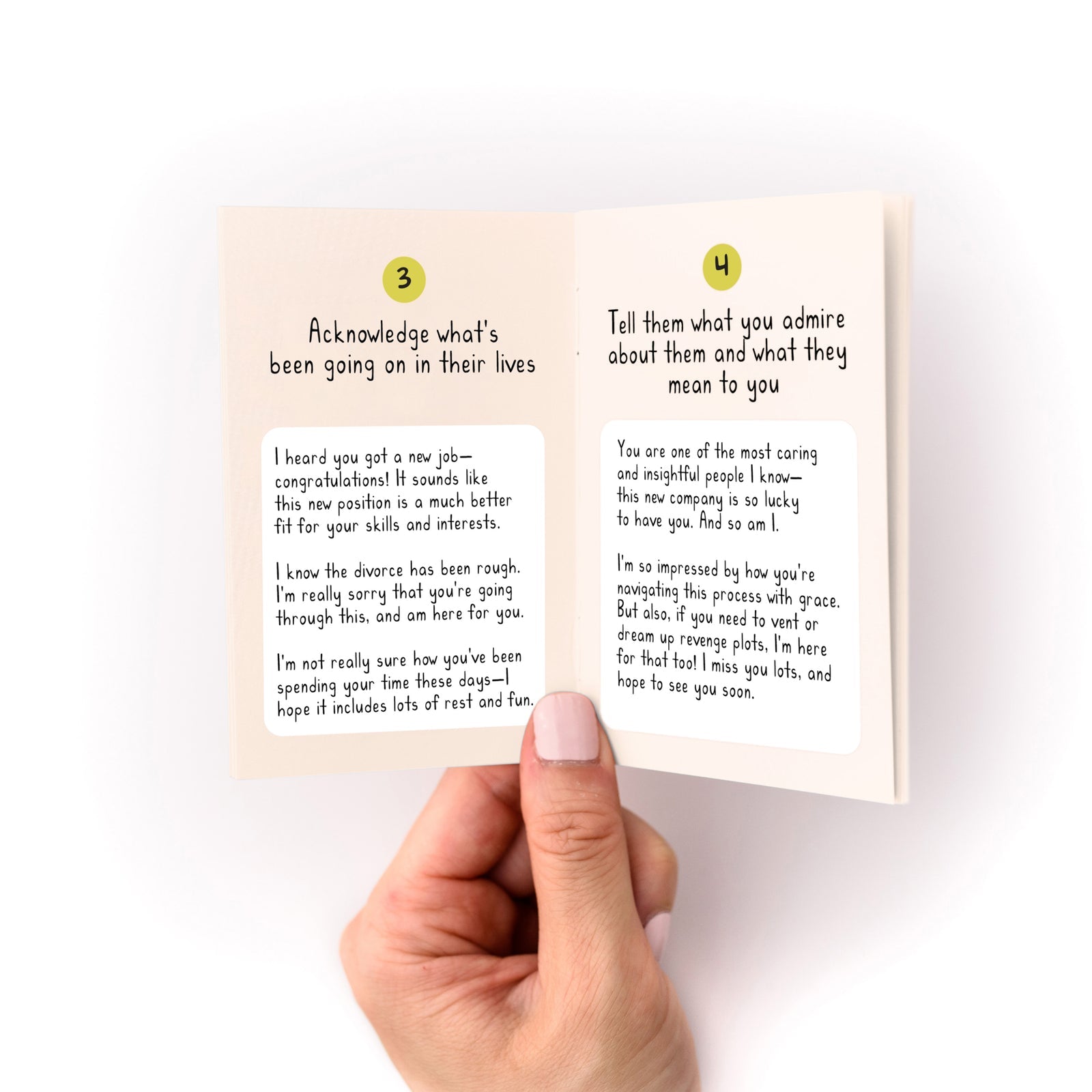 Open card-writing zine pages showing sections 3 and 4 with printed prompts