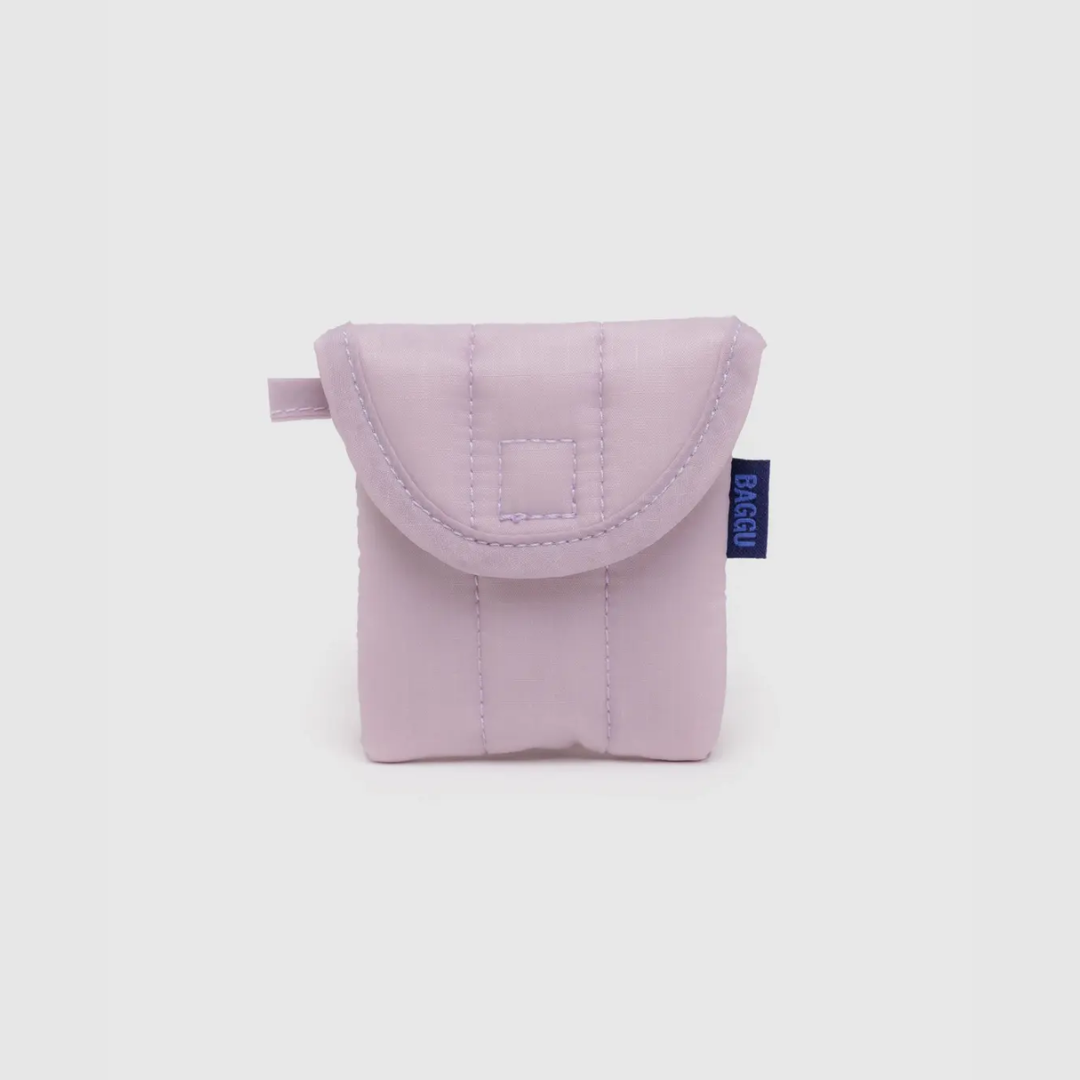 Light purple puffy earbuds case with a rounded padded flap and stitched panel detail
