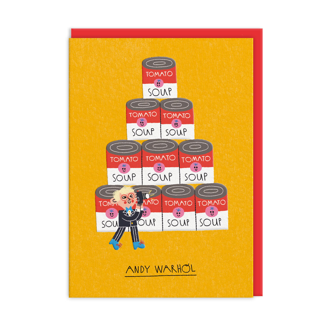 Yellow greeting card with soup can collage and "ANDY WARHOL" text