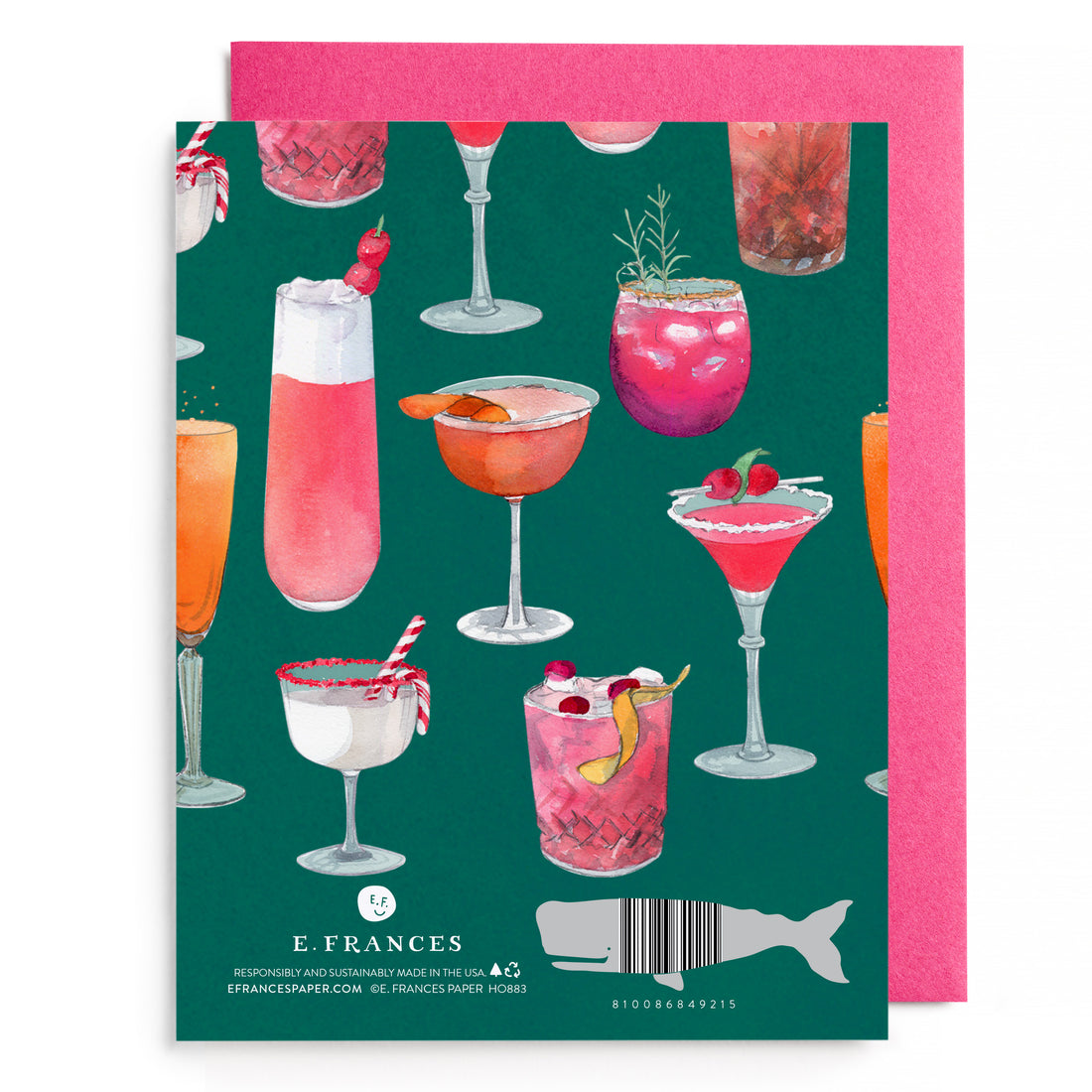 Boxed set of six greeting cards, illustrated cocktail design back with barcode and logo