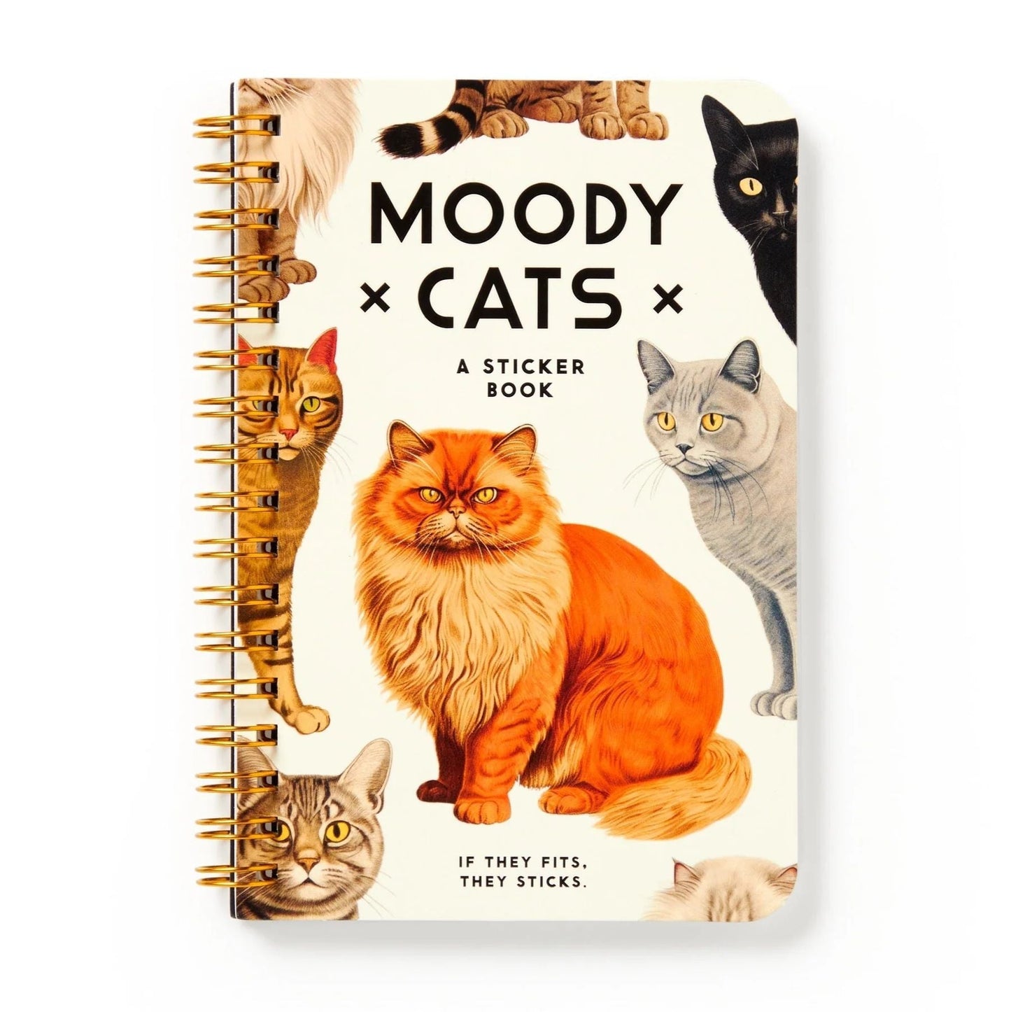 Cat-themed sticker book with bold title text and multiple cat portraits on cover