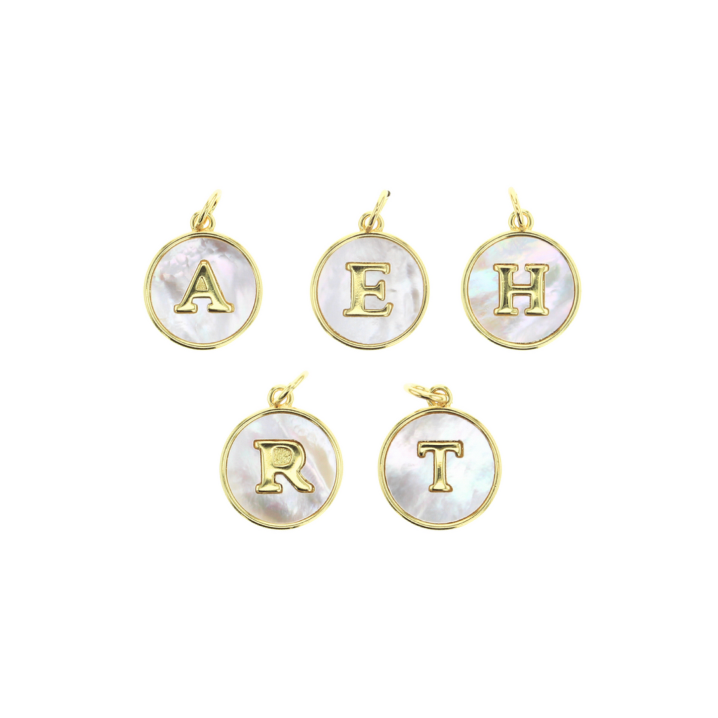 Gold-tone round mother-of-pearl initial charms with letters A, E, H, R, T