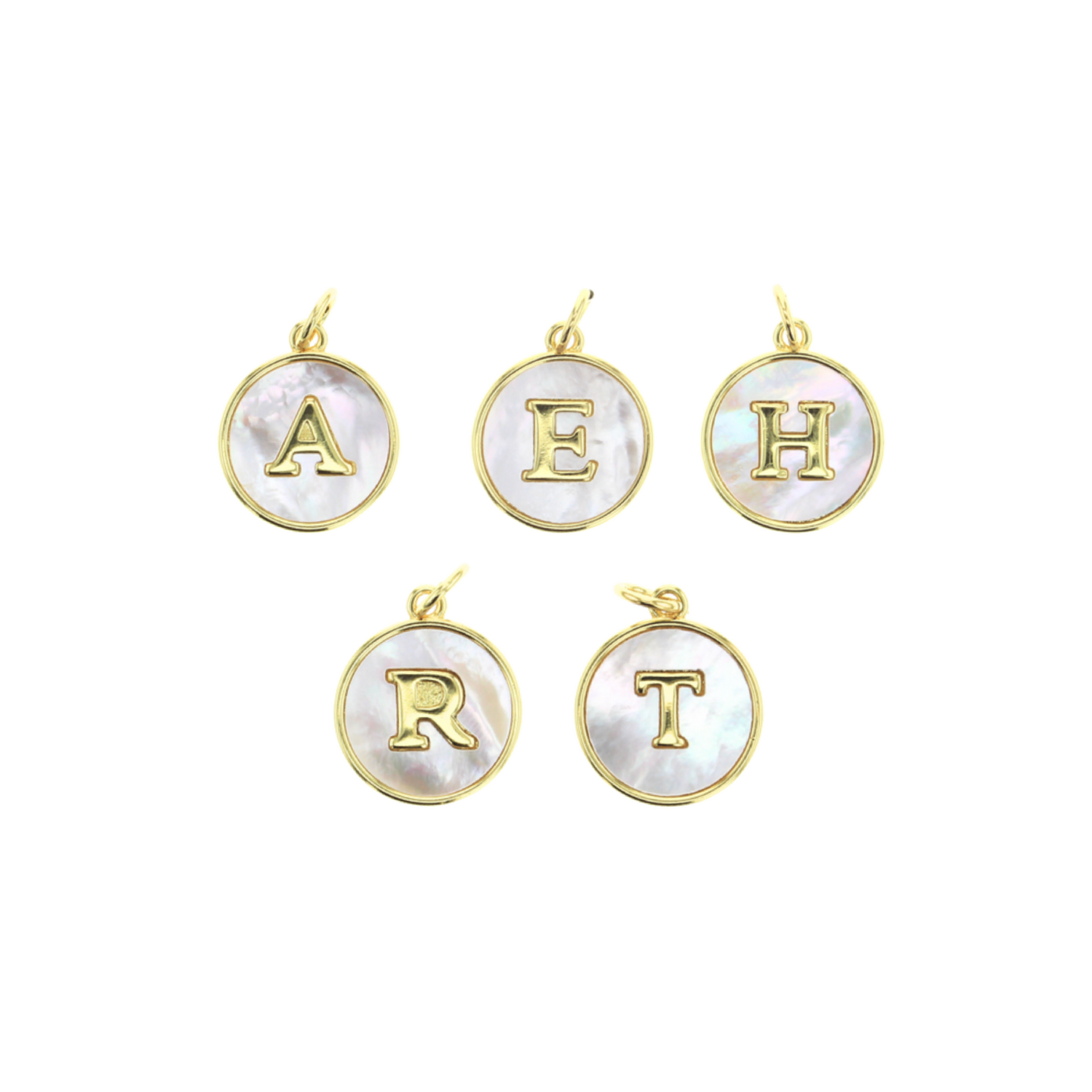 Gold-tone round mother-of-pearl initial charms with letters A, E, H, R, T