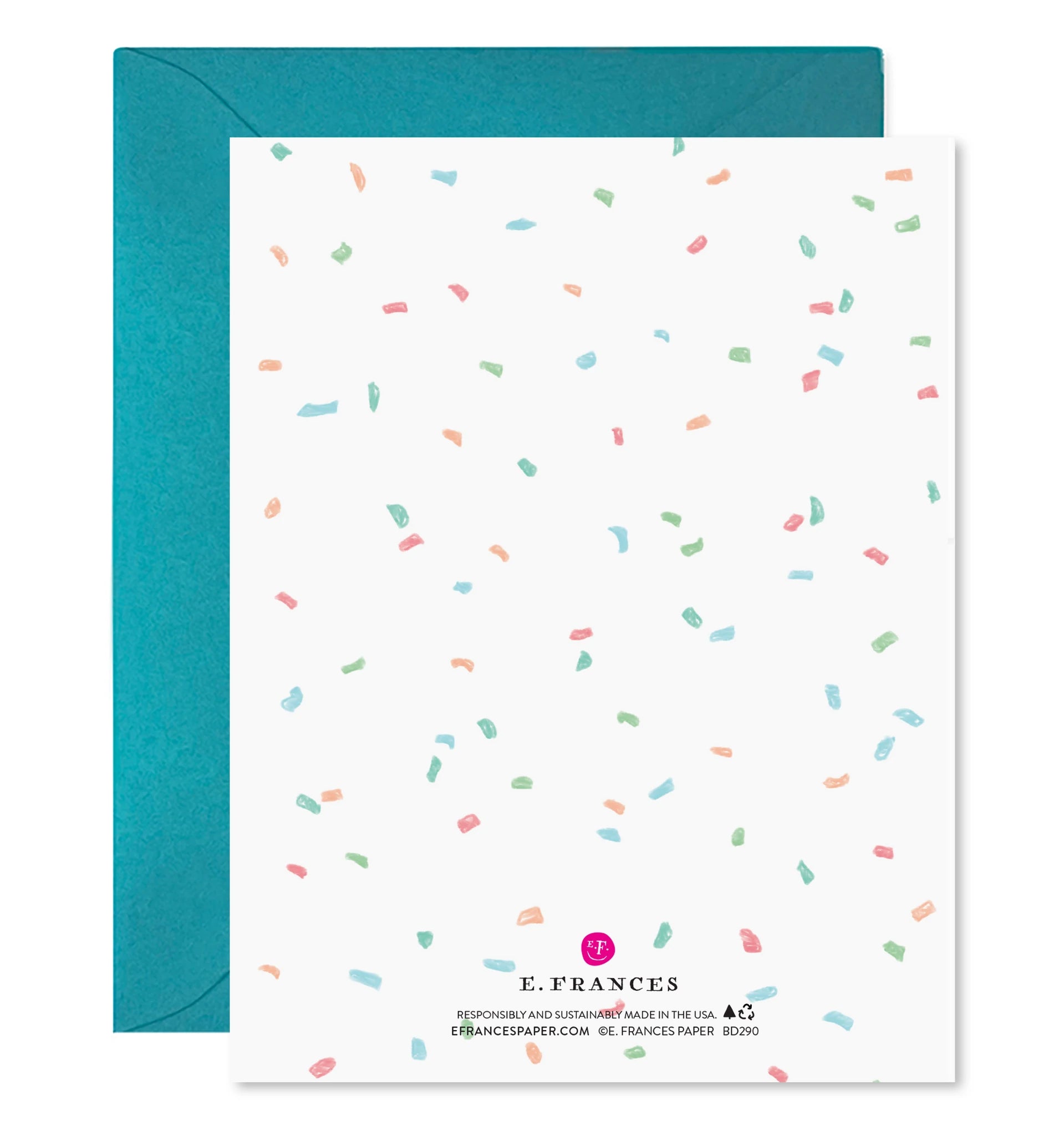 Birthday greeting card back with confetti pattern and “E. FRANCES” logo