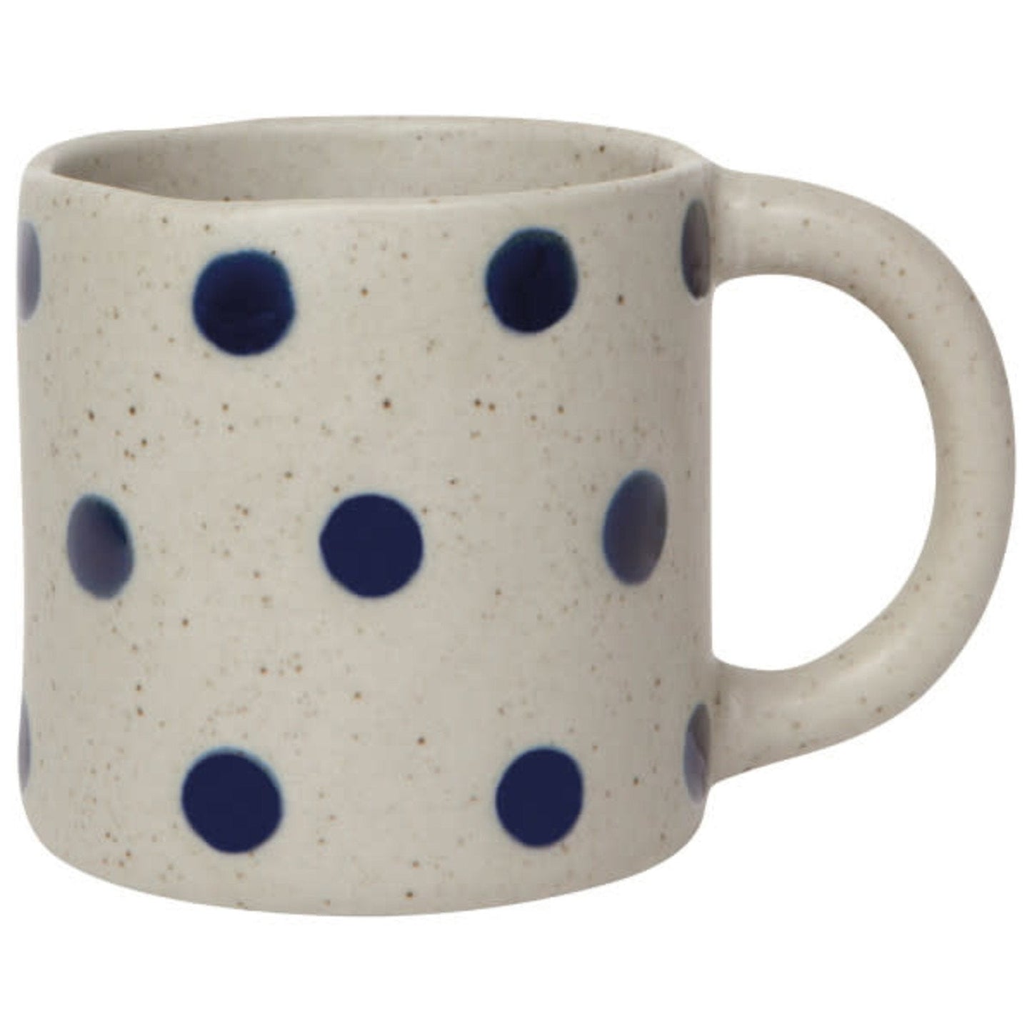 Speckled cream ceramic mug with navy dot pattern and right-side handle
