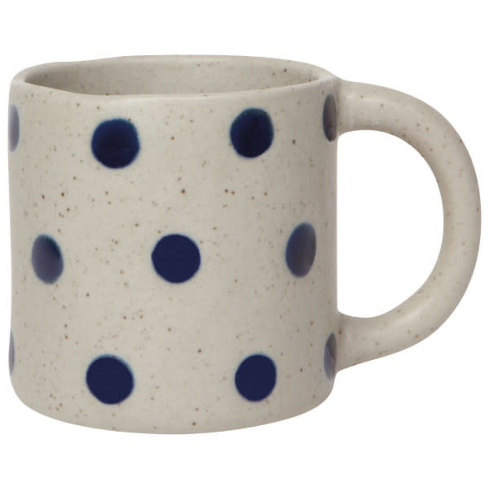 Speckled cream ceramic mug with navy dot pattern and right-side handle