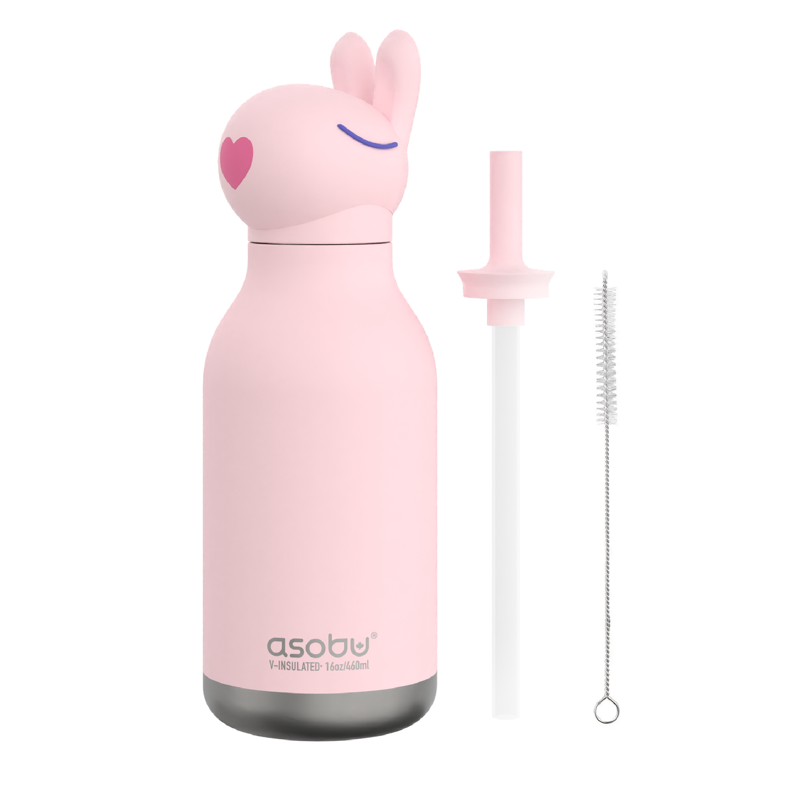 16oz bunny water bottle, pink body with bunny cap; includes straw and cleaning brush