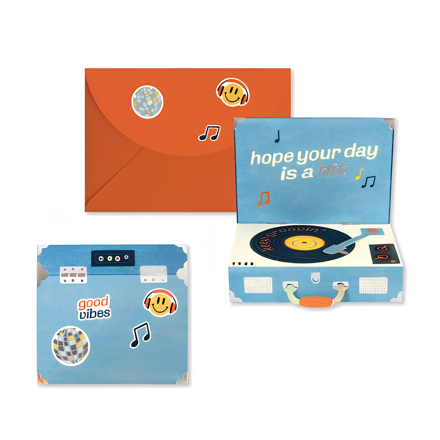 Music-themed pop-up card with orange envelope, blue cover, record player graphic