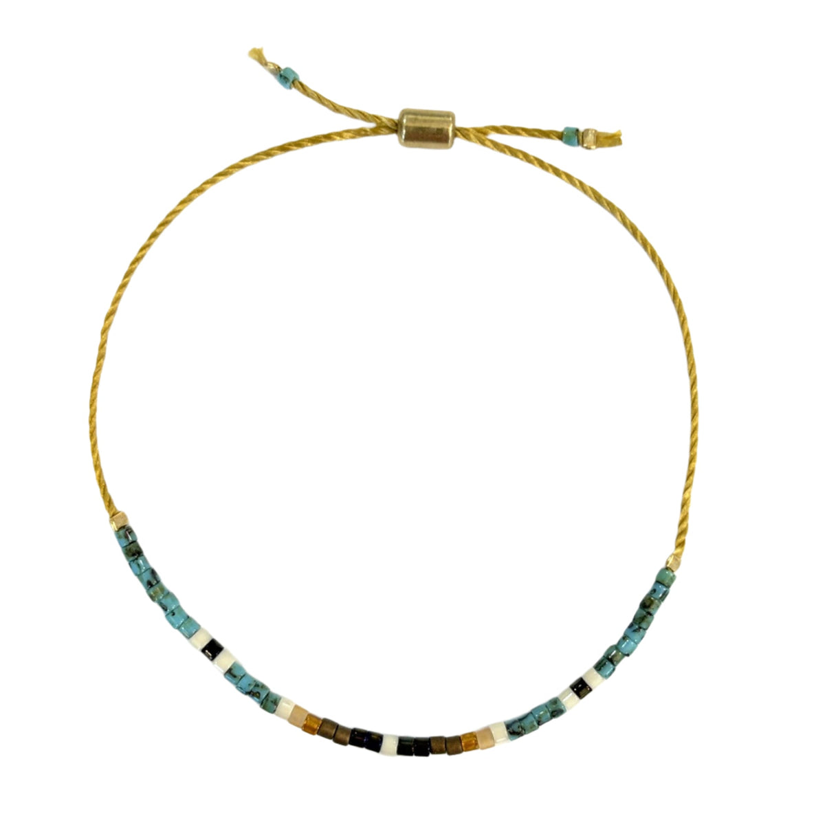 Turquoise, black, and gold beaded cord bracelet with adjustable tie clasp