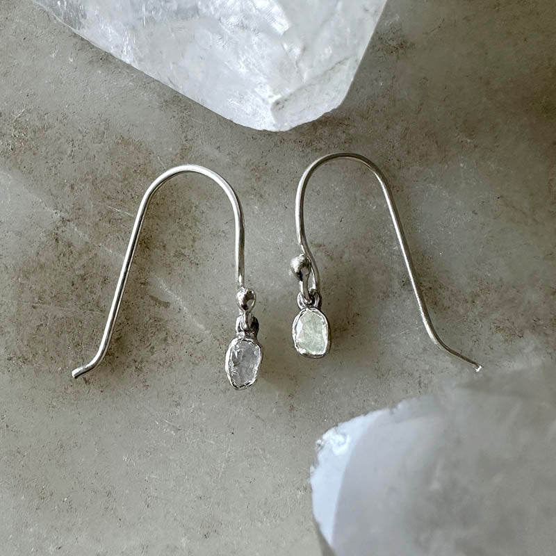 Sterling silver hook earrings with two faceted polki diamond drops