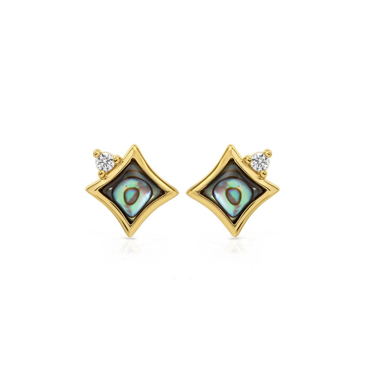 Gold-tone square stud earrings with iridescent abalone center and clear accents