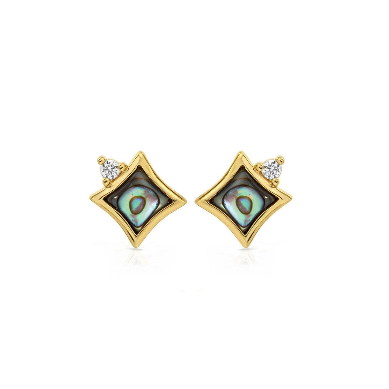 Gold-tone square stud earrings with iridescent abalone center and clear accents