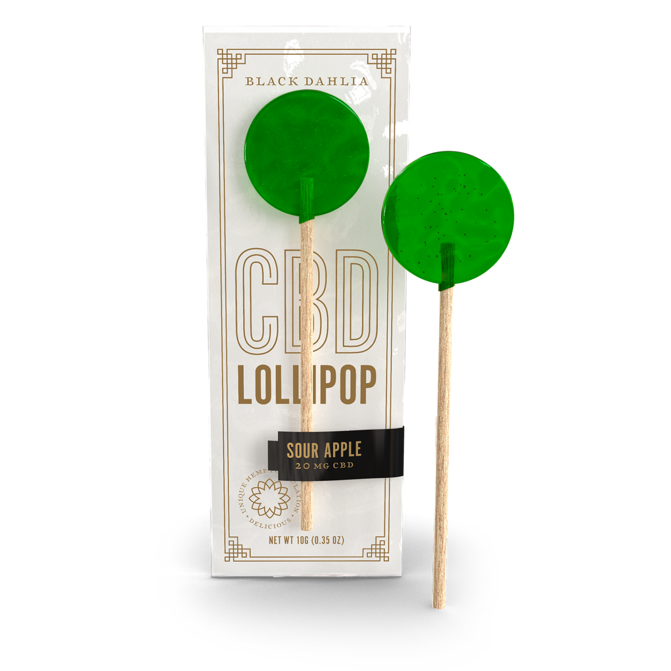 CBD sour apple lollipop with green candy on wooden stick, shown in wrapper