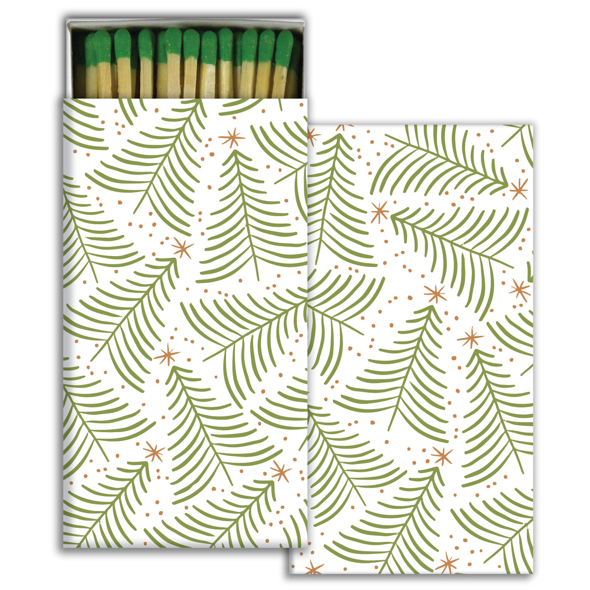 Decorative matchbox set with green and gold tree pattern