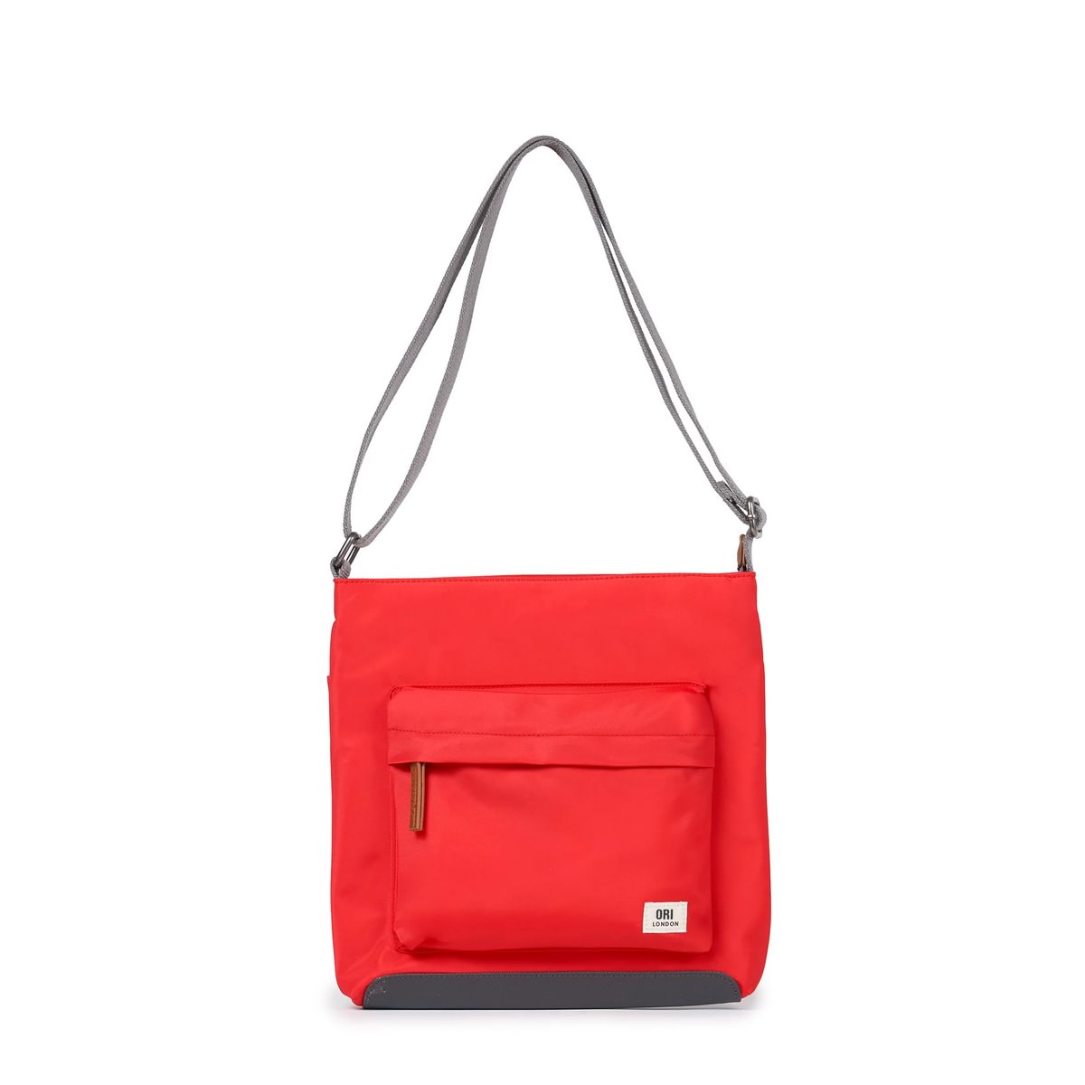 Orange nylon crossbody side close-up with gray zipper and fabric stitching