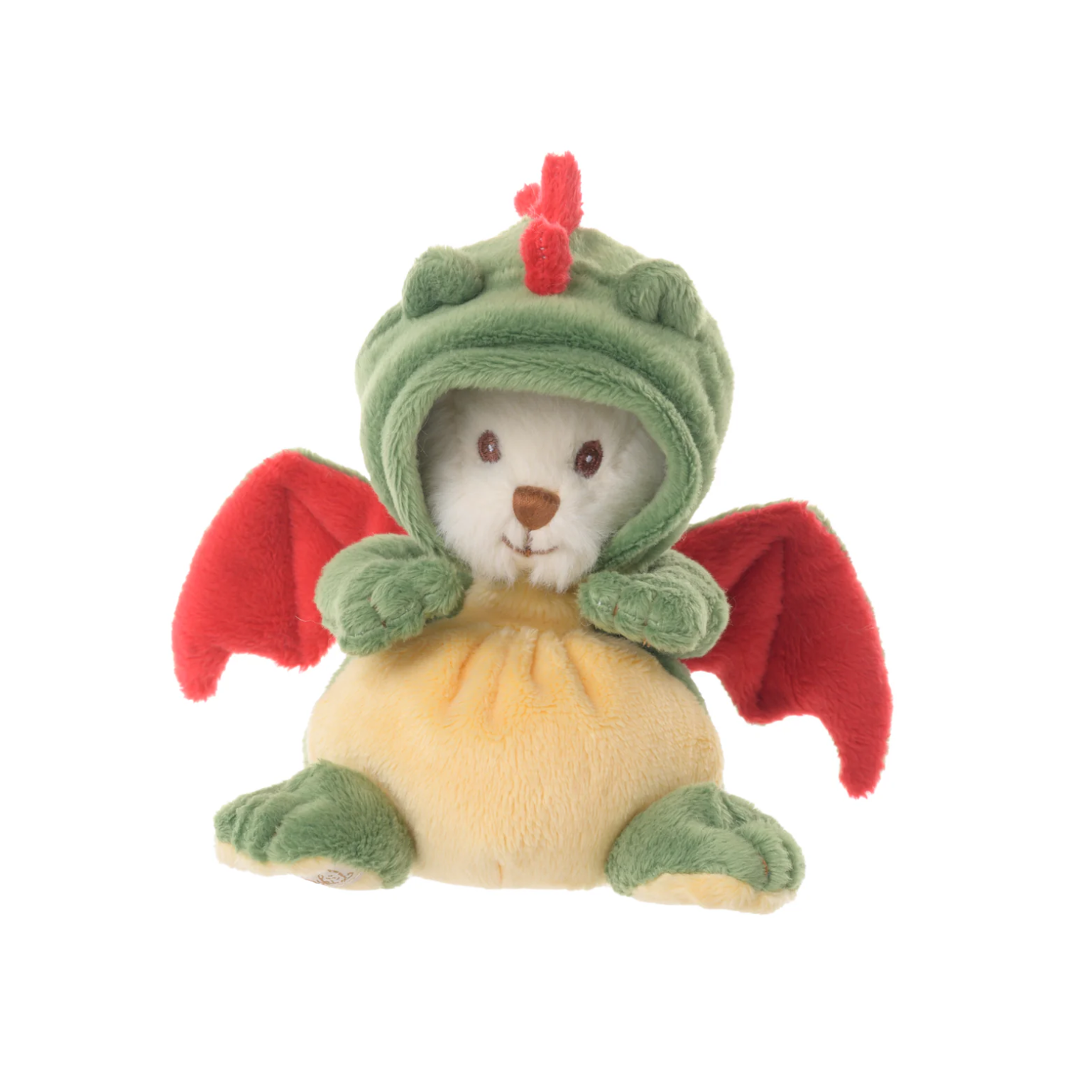 Plush dragon stuffed toy with green hooded cape and red wings, sitting pose