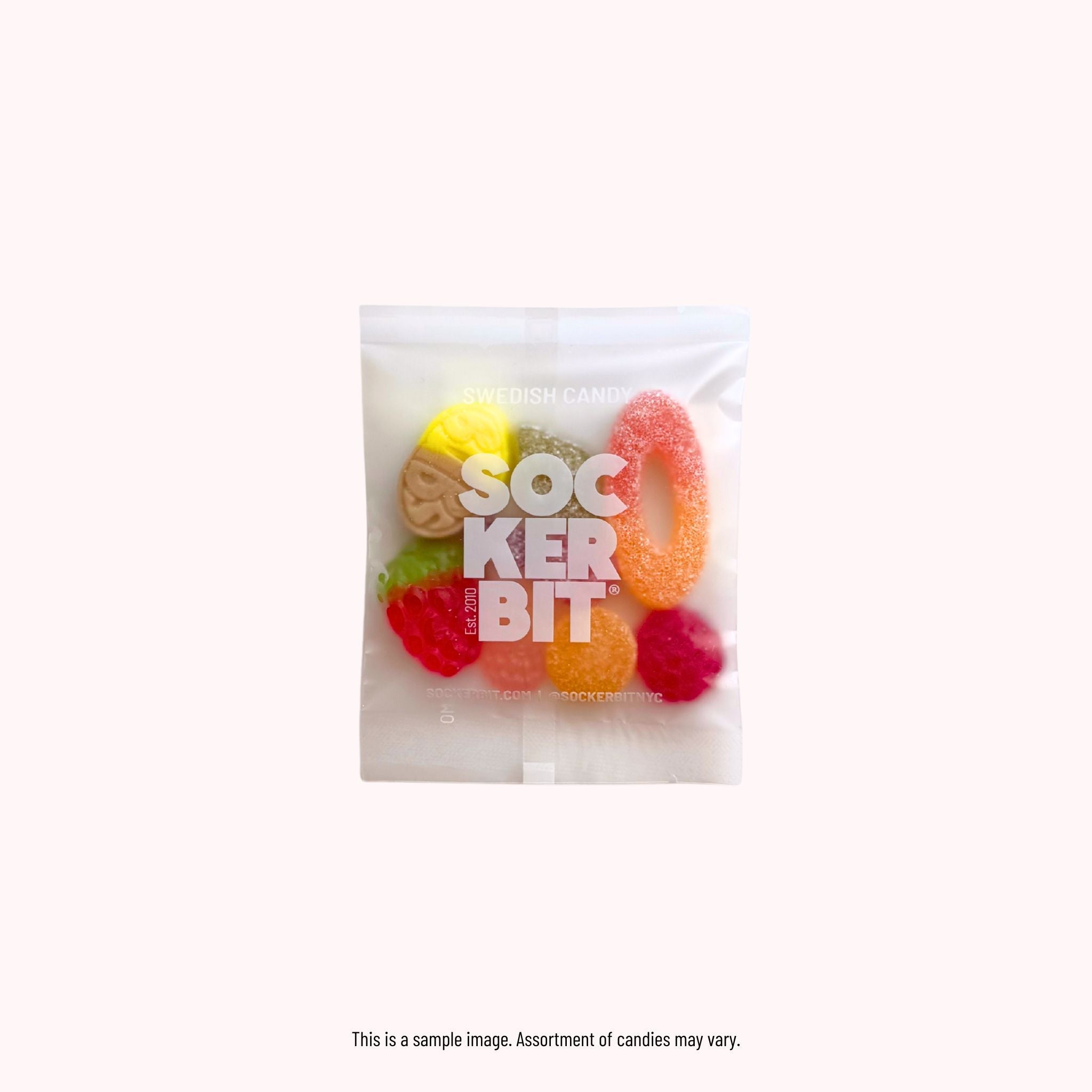 Swedish candy single-serve packet showing assorted gummies inside