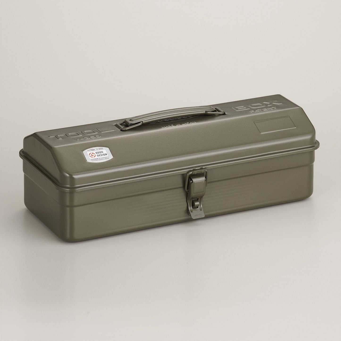 Olive green steel toolbox with top handle and camber lid, front metal latch